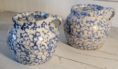 19thc Sponge Ware Pottery Bean Pots -Pair