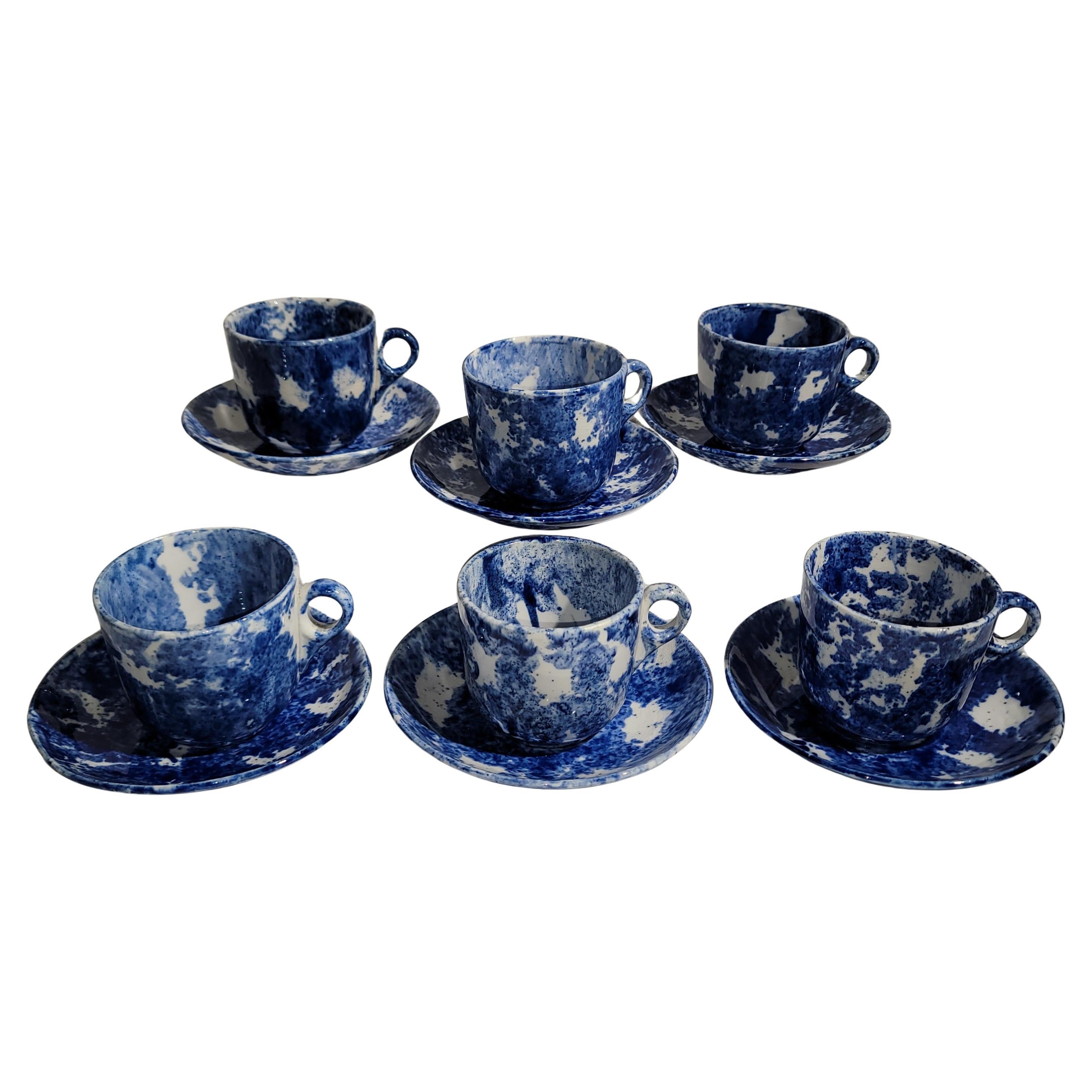 19thc Sponge ware Cup and saucer combined measure 6 inches in diameter x 4 high - Set of six matching cups & saucers set.
Cup measures 3.75high  x 4 deep 
Saucer measures 6 diameter x .5 high