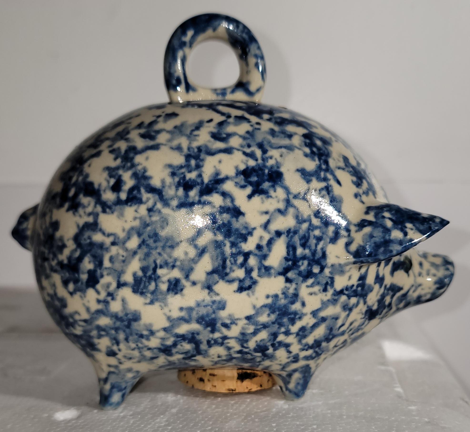 20Thc Blue & white sponge ware piggy bank from New England. The condition is very good with a cork in the base.