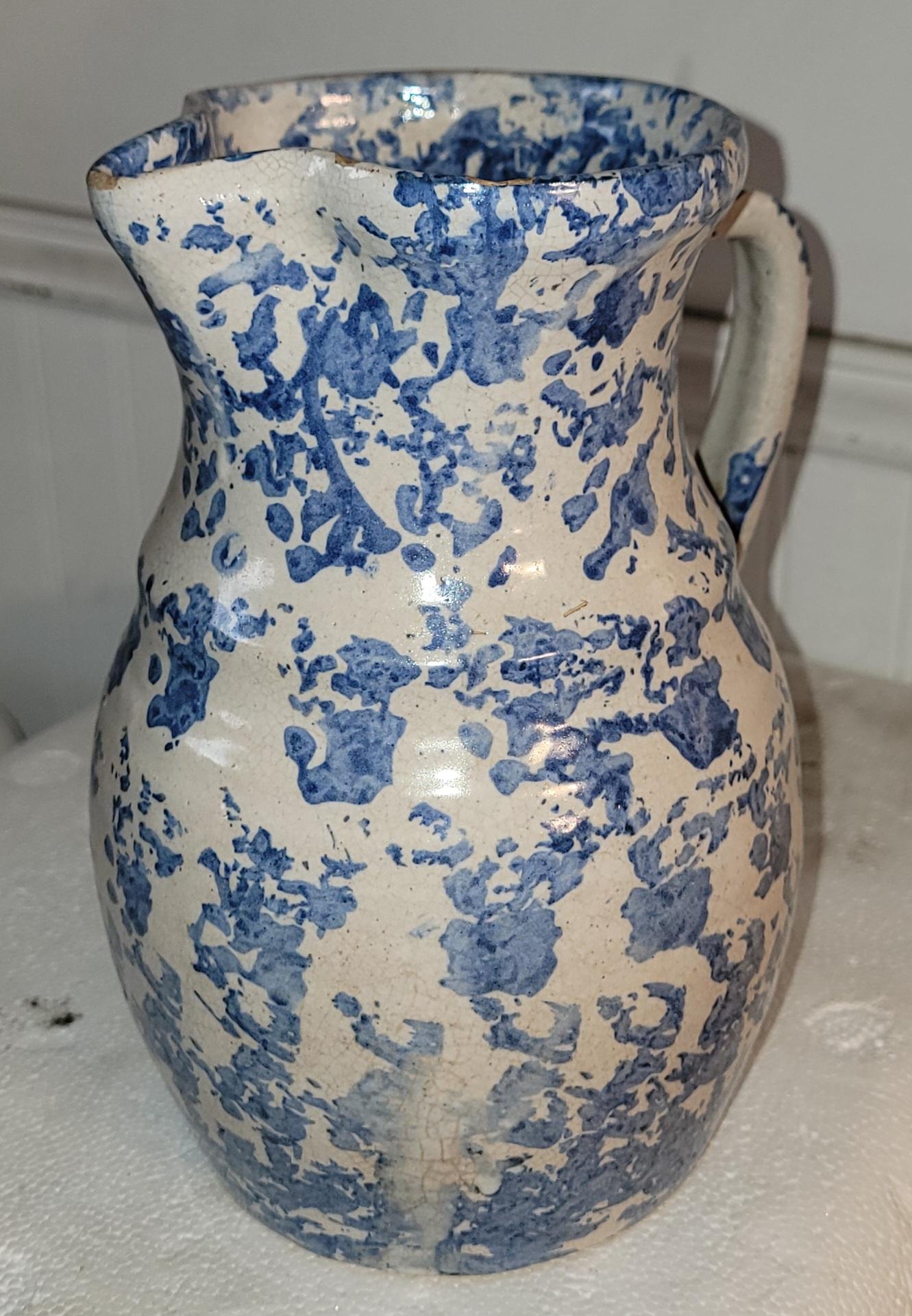 American 19thc Sponge Ware Pottery Pitcher For Sale