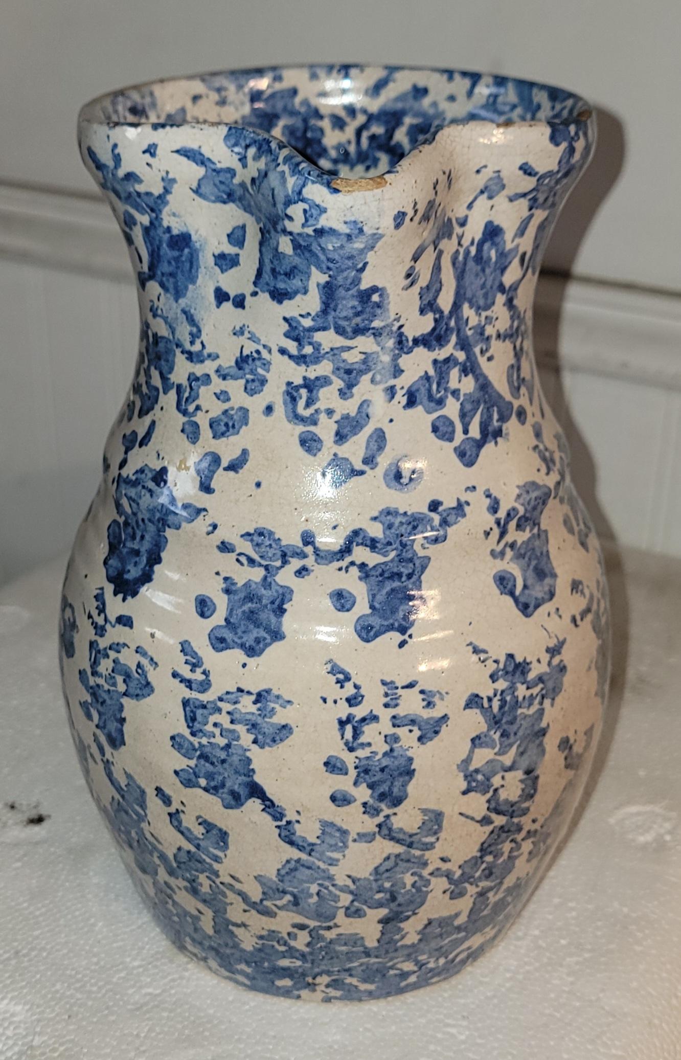 Hand-Crafted 19thc Sponge Ware Pottery Pitcher For Sale