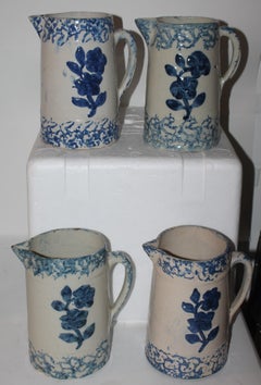 19th Century Sponge Ware Pottery Pitchers Collection of Four