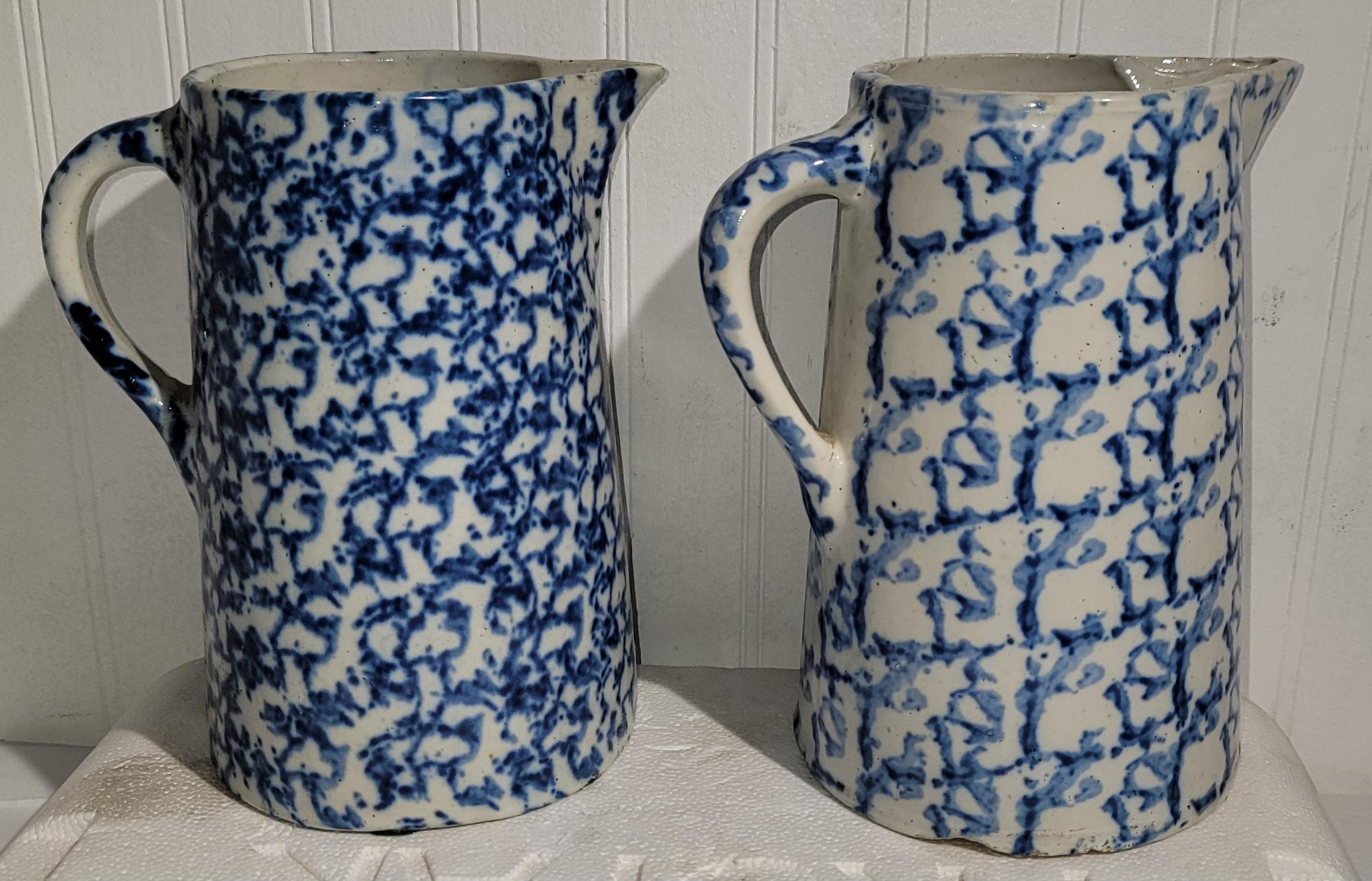 American 19Thc Sponge Ware Pottery Pitchers -Collection of Four For Sale