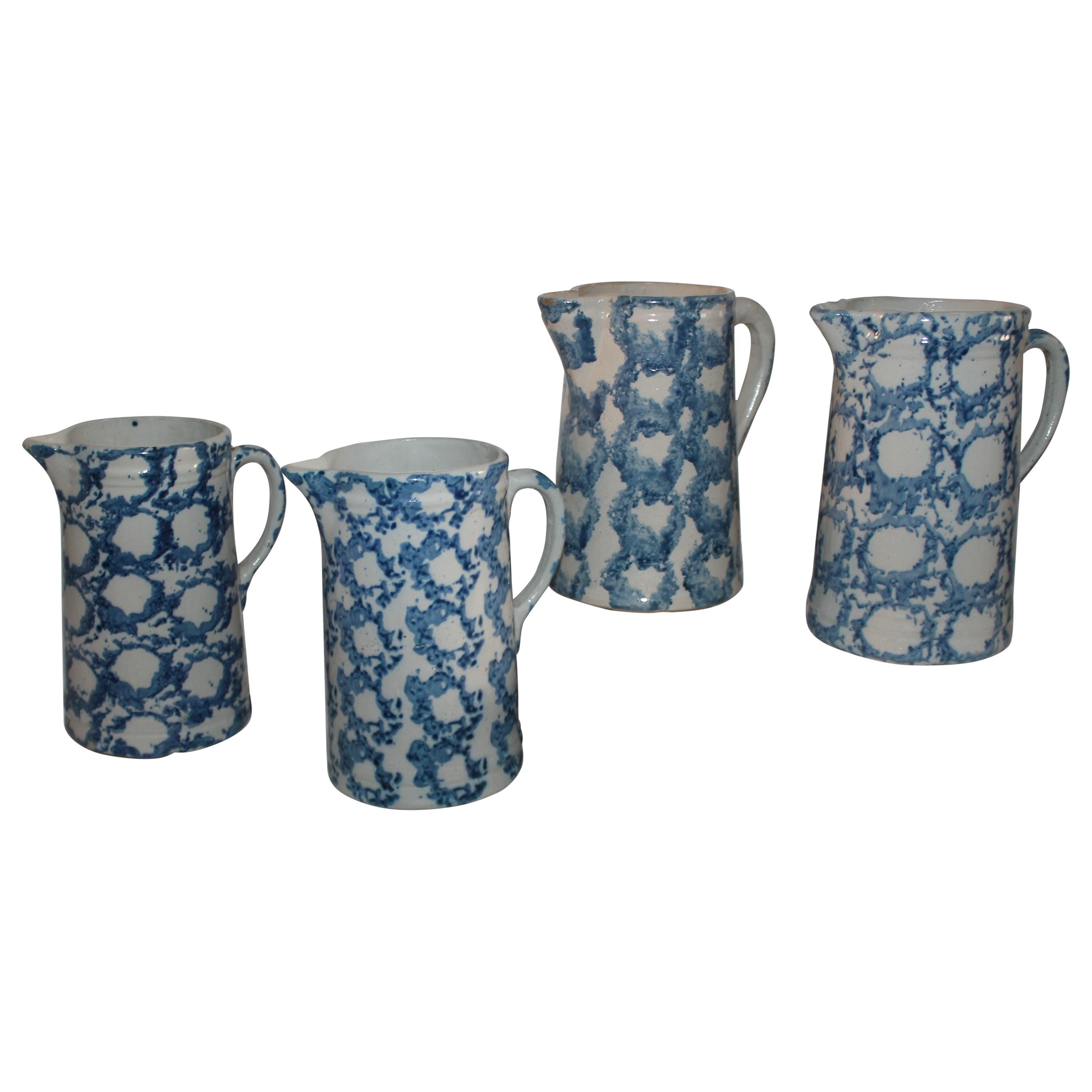 19Thc Sponge Ware Pottery Pitchers -Collection of Four