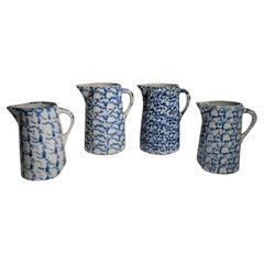 Antique 19Thc Sponge Ware Pottery Pitchers -Collection of Four