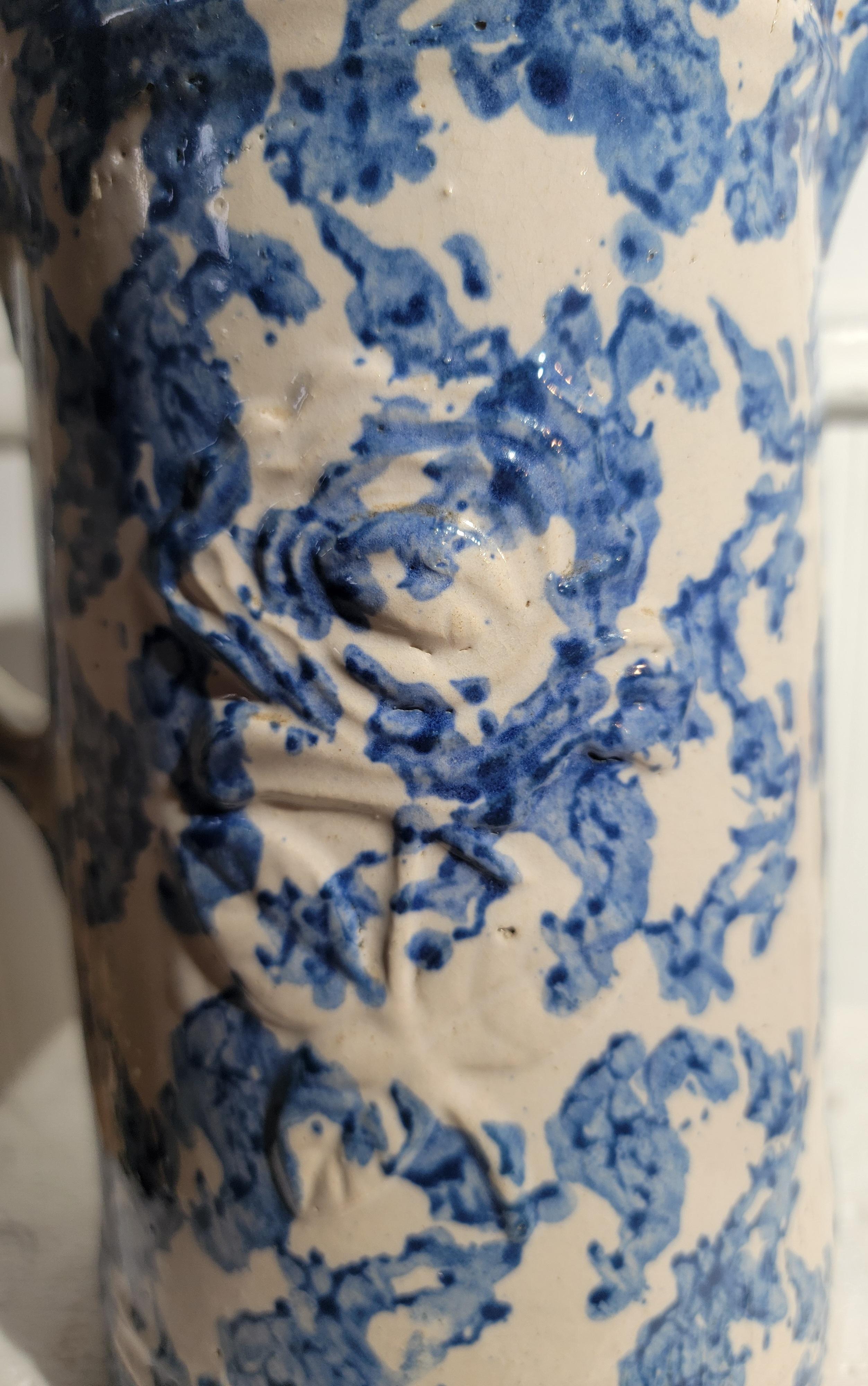 American 19thc Sponge Ware Smoke Ring Pitcher With Floral Design For Sale