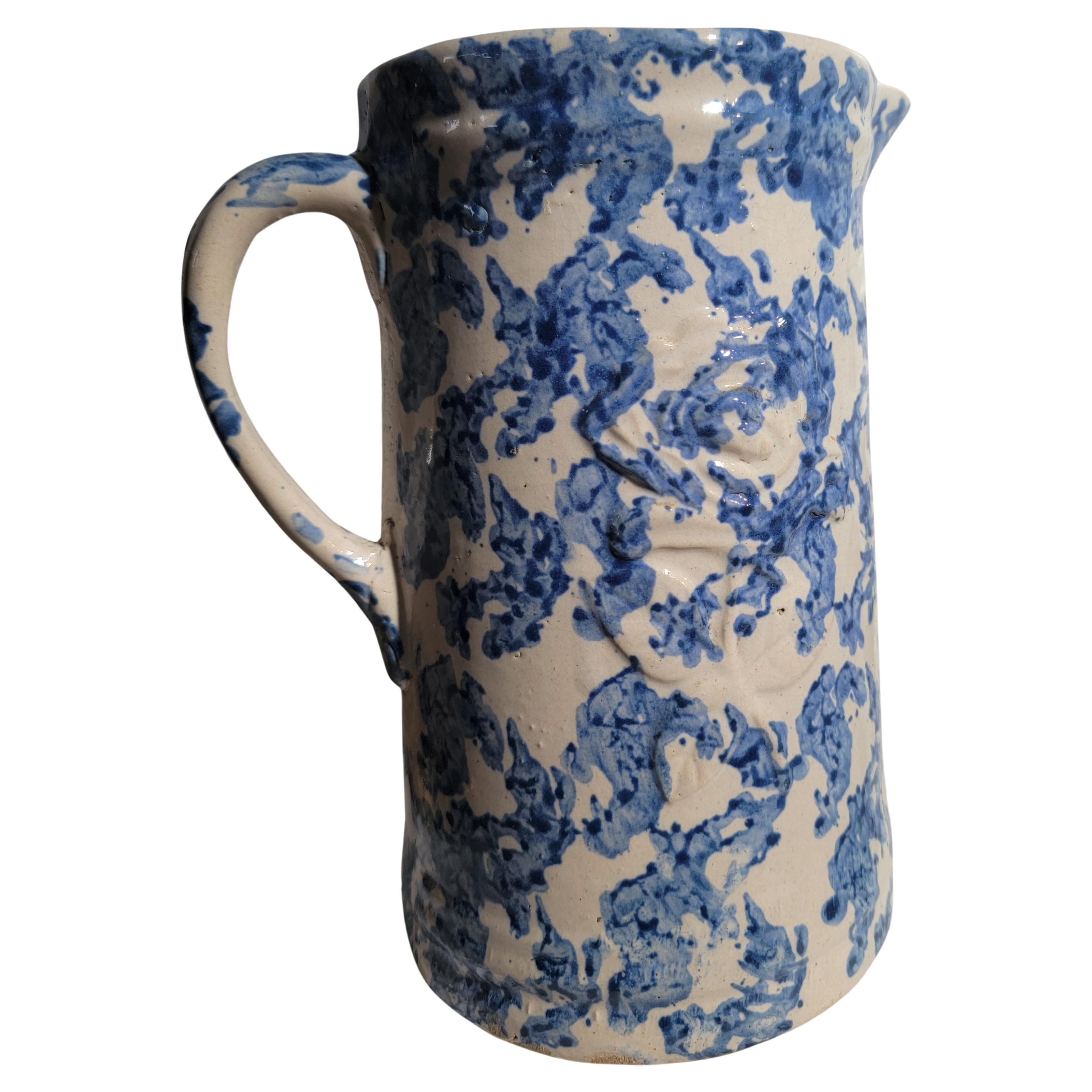19thc Sponge Ware Smoke Ring Pitcher With Floral Design For Sale