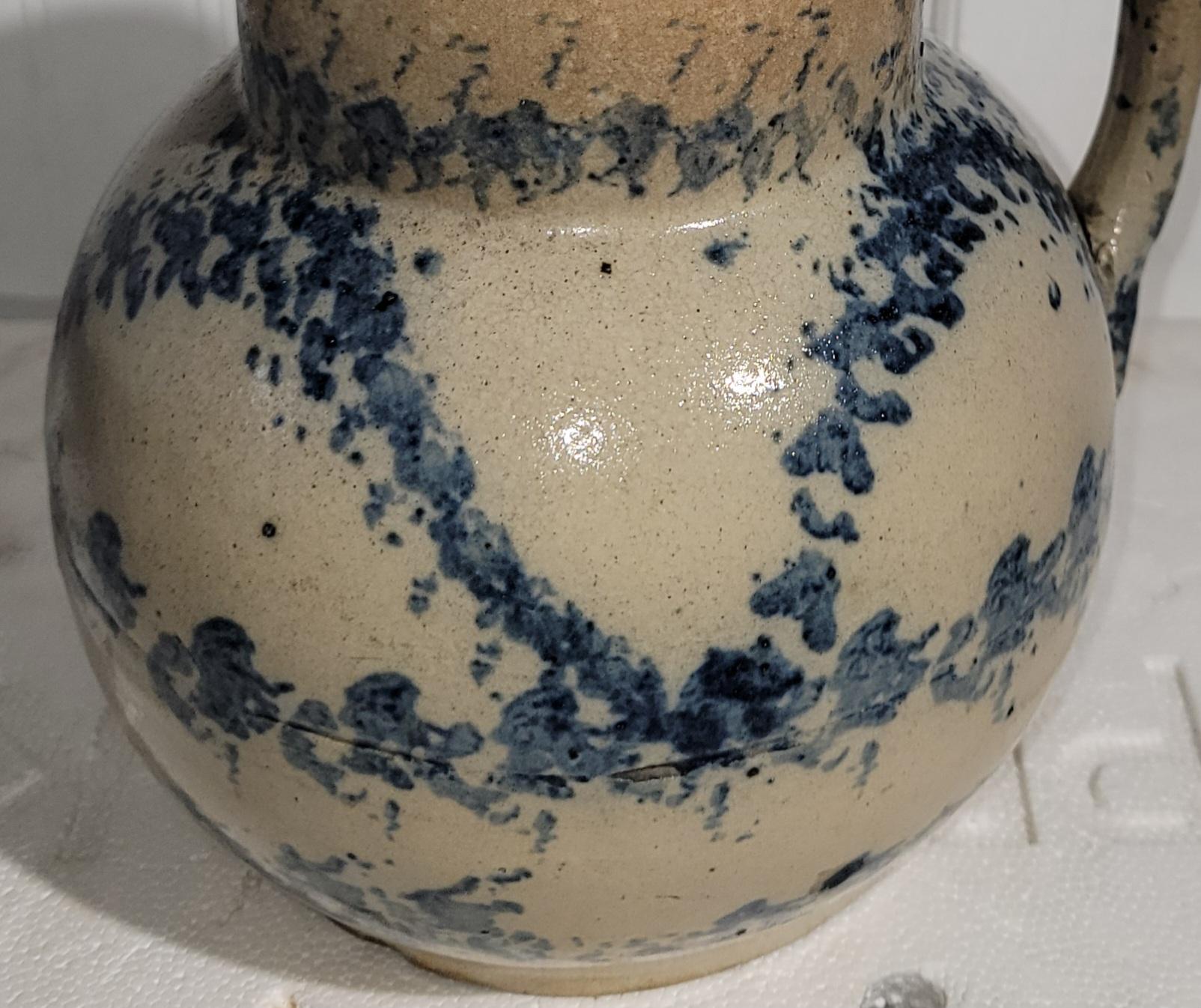 American 19Thc Sponge Ware Unusual  Pottery Pitcher For Sale