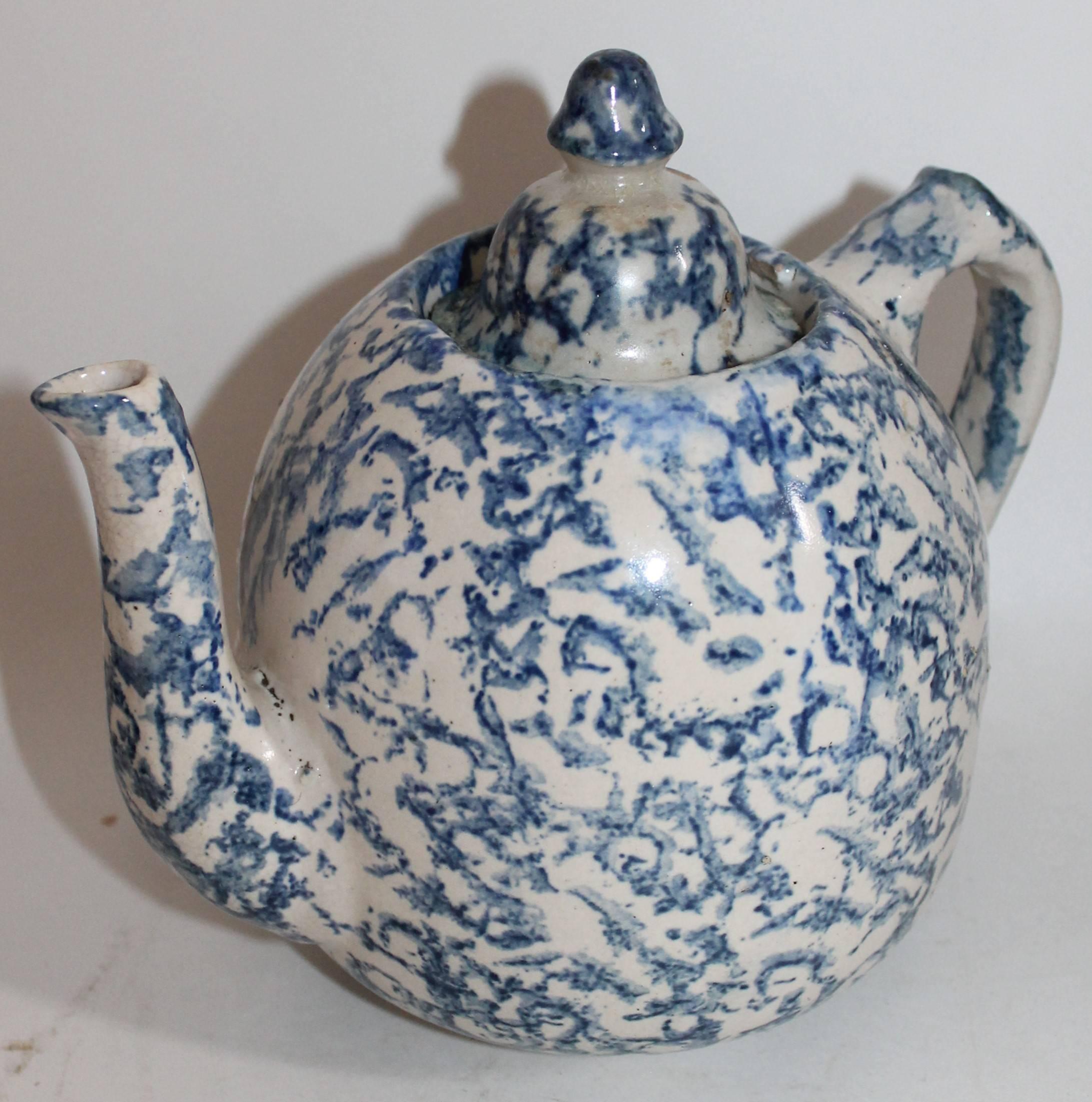 This fine 19th century sponge ware teapot is in very good condition with wear on base consistent with age and use. It seems like there were very minor repairs to the lid of the teapot. Not bad at all.