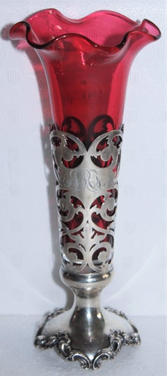19thc Sterling Silver Vases with Cranberry Glass Inserts-Pair