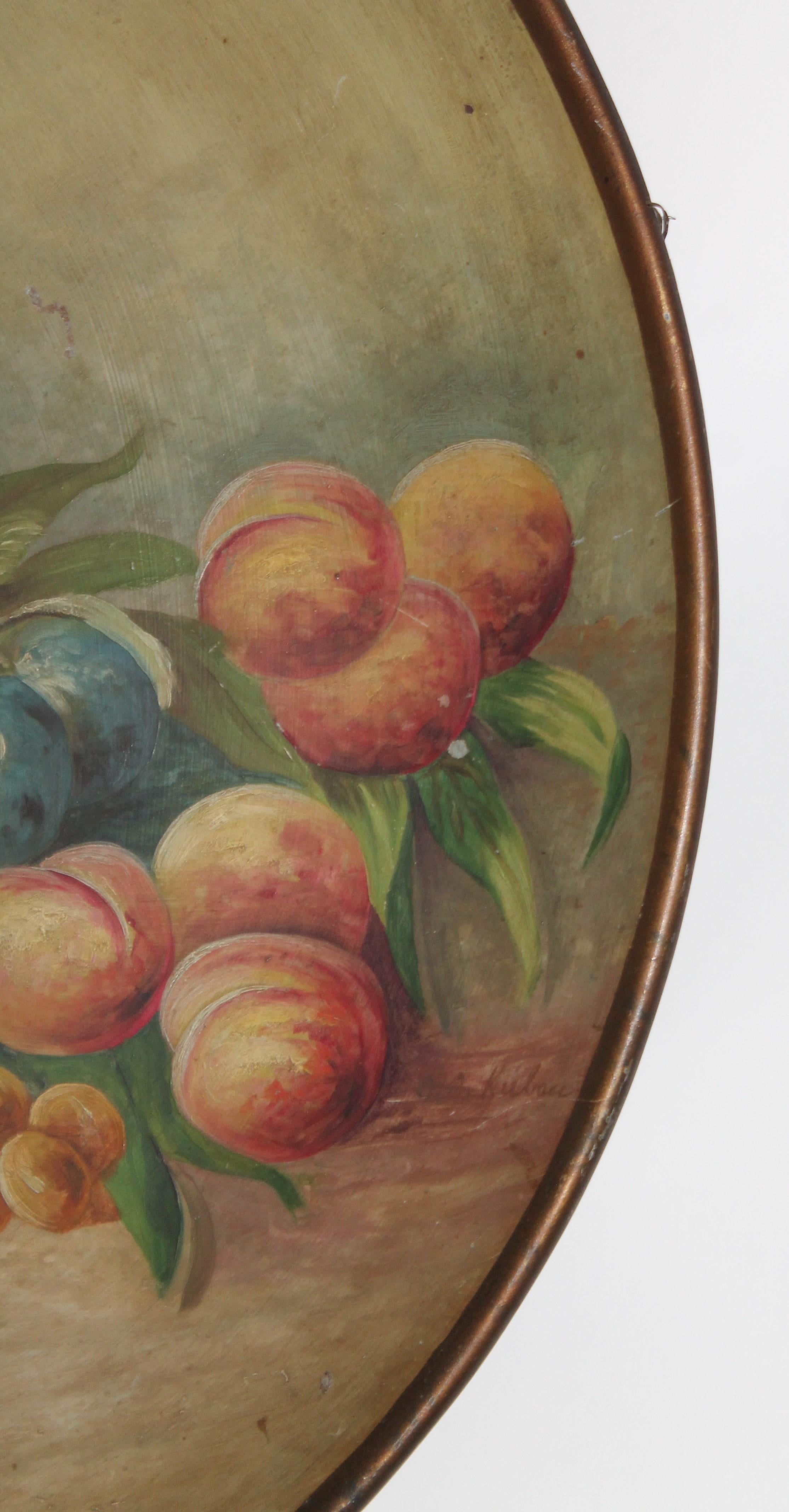 This fine hand painted round still life painting is on a large tin tray and wired for hanging. This fine art work is signed by OTTO KUBAN OF LAGUNA BEACH, CALIFORNIA. It is one of the finest still life oil painting I've ever seen.