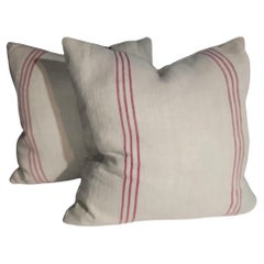 Antique 19thc Striped Cotton Linen Double Sided Pillow