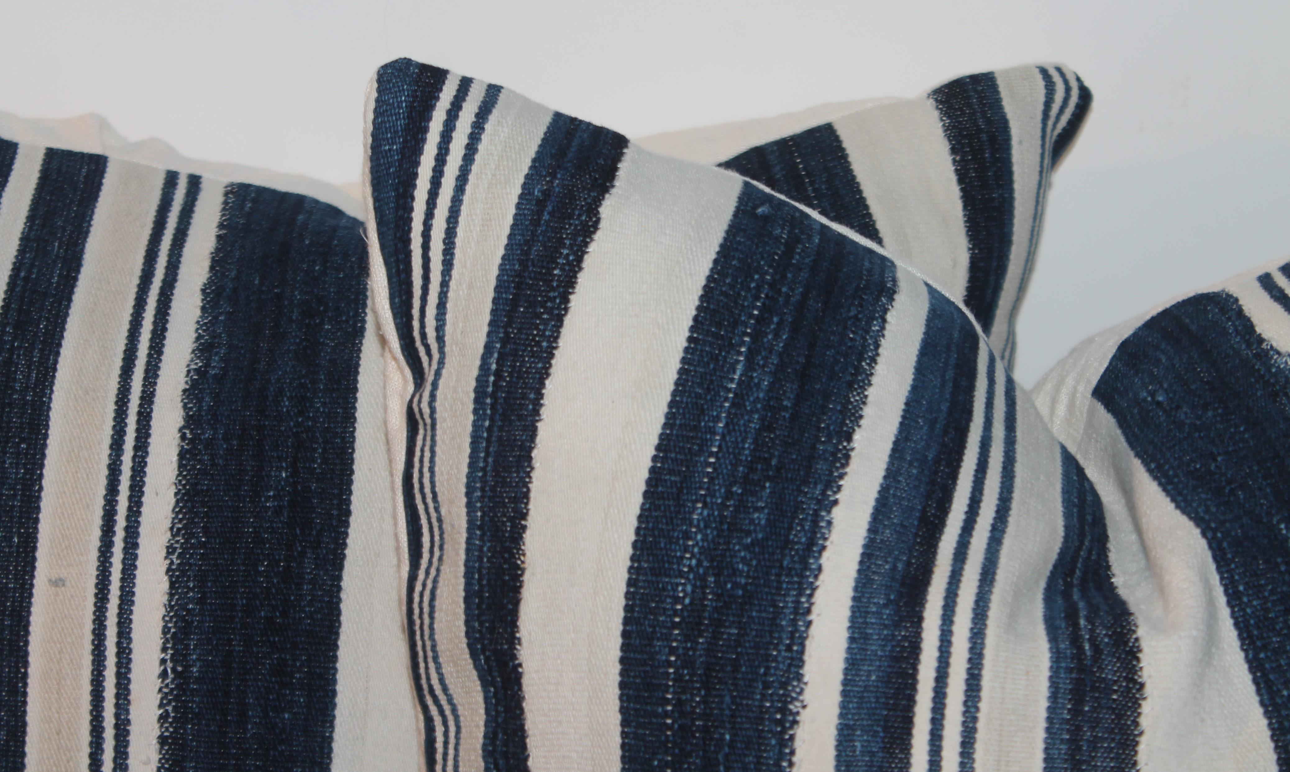 Adirondack 19thc Striped Indigo Linen Pillows-Pair For Sale