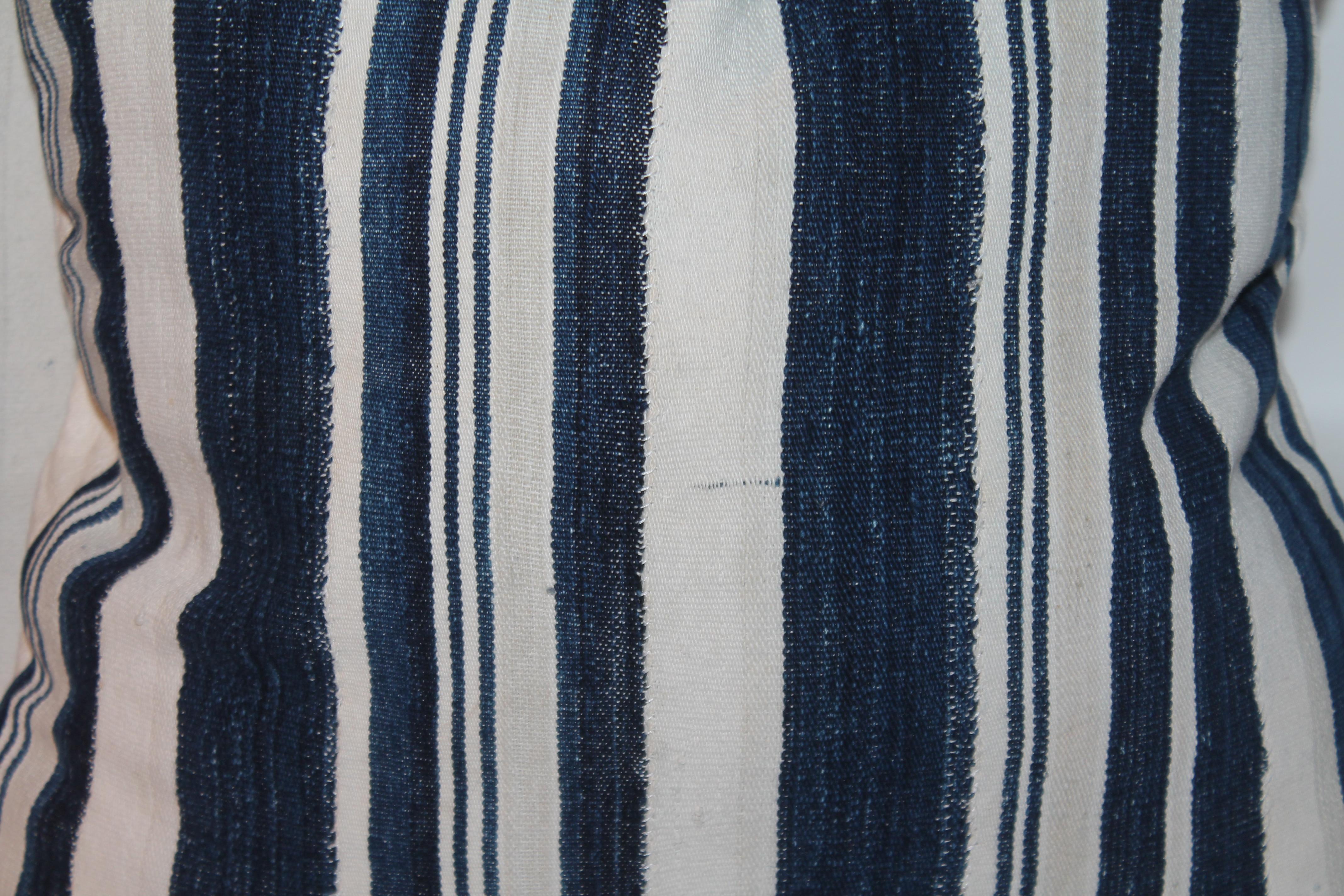 American 19thc Striped Indigo Linen Pillows-Pair For Sale