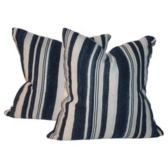 19thc Striped Indigo Linen Pillows-Pair