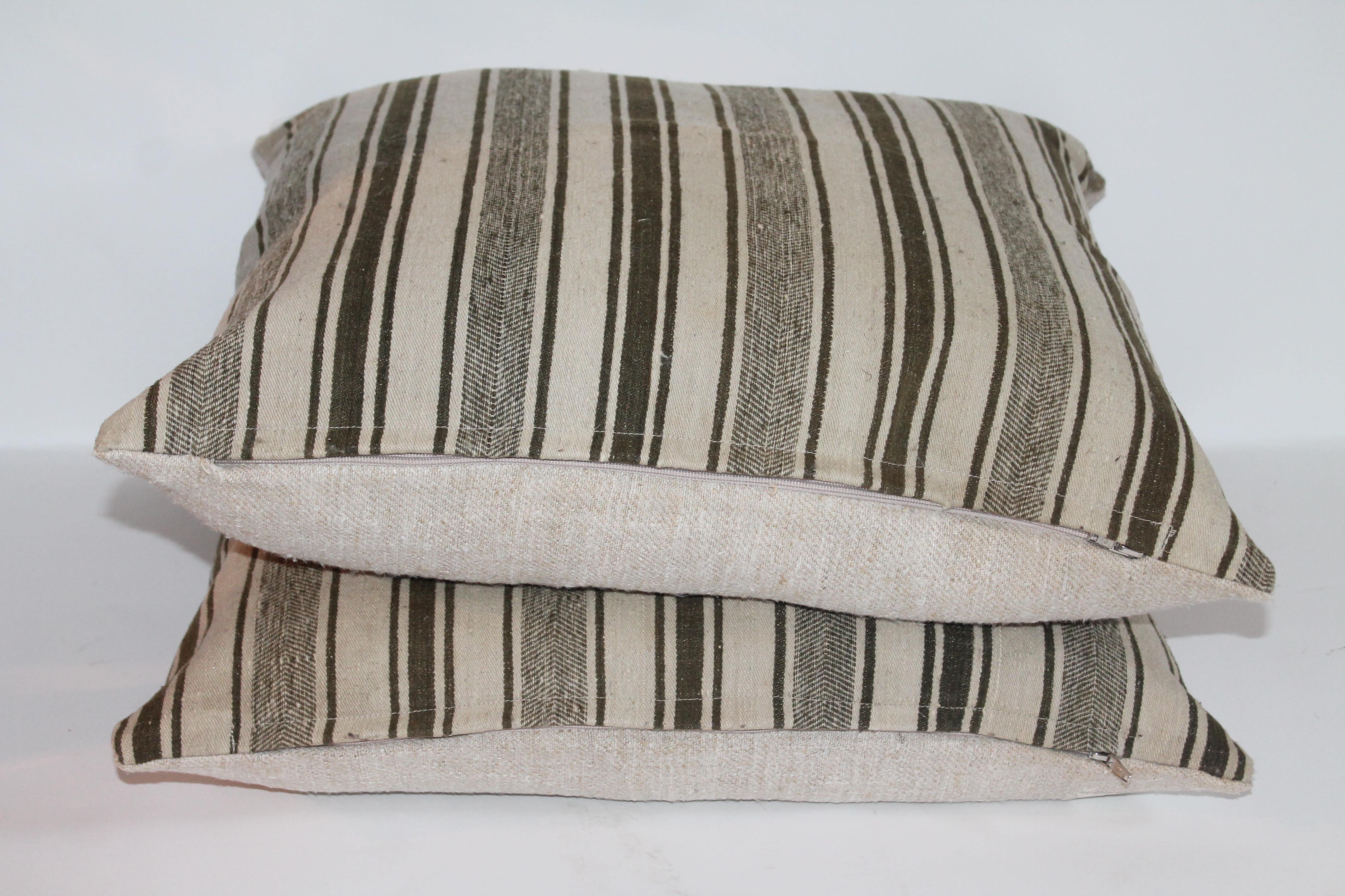  19Thc Striped Wool Ticking Pillows, Pair In Excellent Condition For Sale In Los Angeles, CA