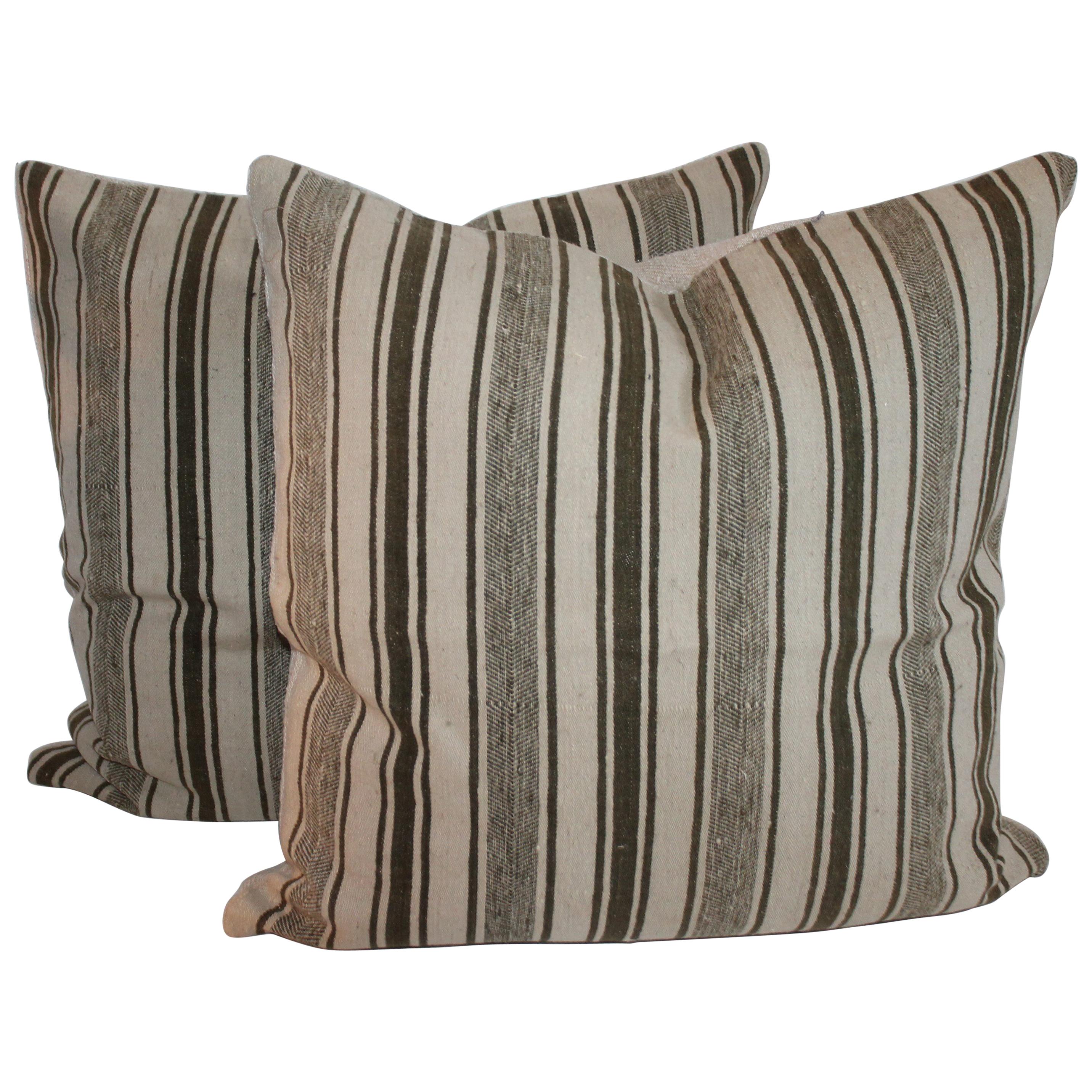  19Thc Striped Wool Ticking Pillows, Pair For Sale