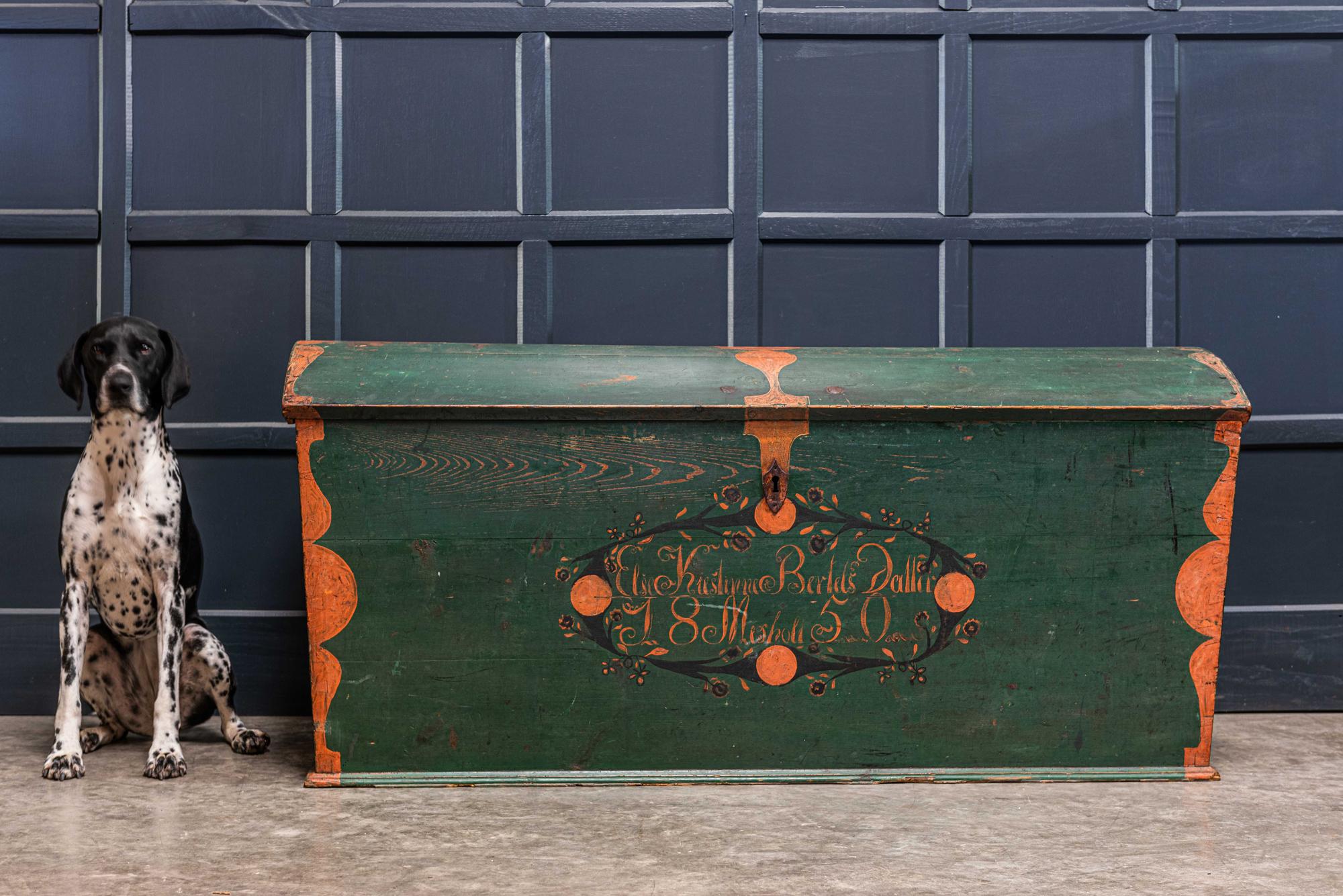 1850

19th century Swedish marriage/dowry chest with original hand painted decoration, hardware and hinged candle box.

Measures: W 138 x H 59 x D