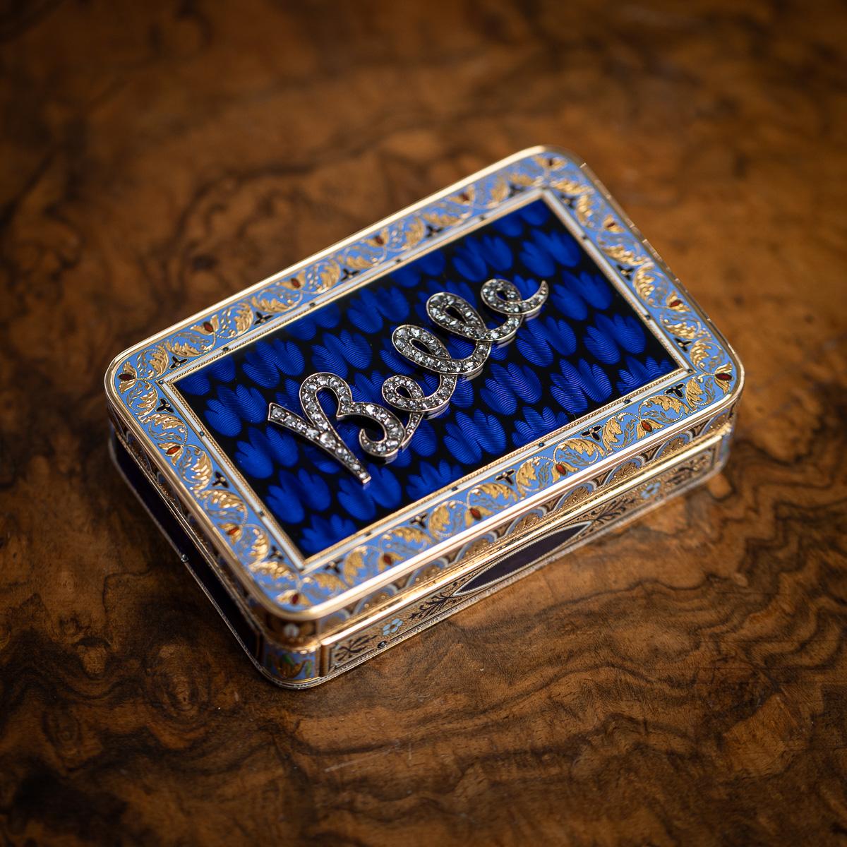 Music box’s sound recording available on request.

Antique early 19th-century Swiss music snuff box, crafted in 18-carat gold and exquisitely decorated with multi-coloured enamels. Of elegant rectangular form, the case features engine-turned
