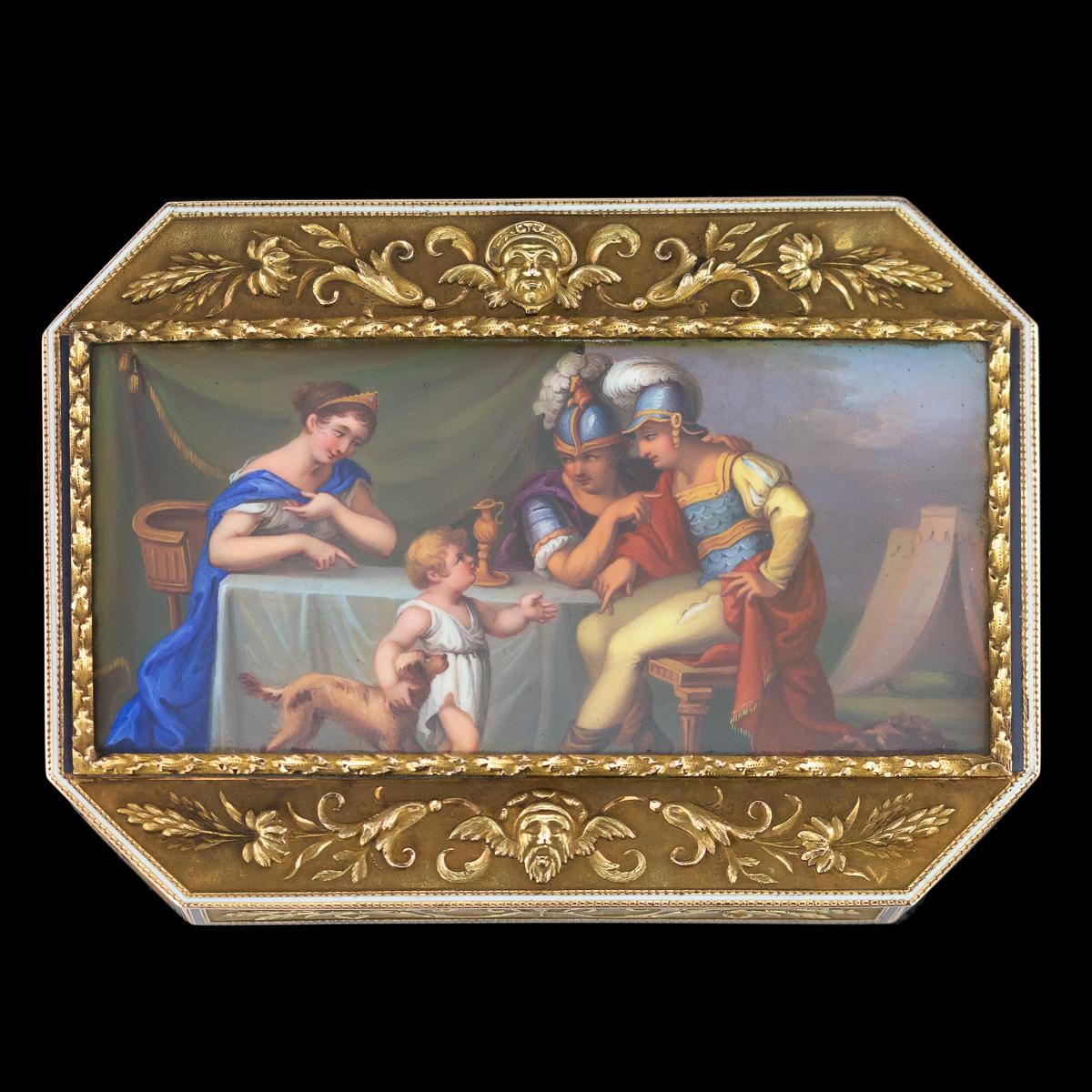 Antique early 19th century Swiss 18-karat gold and enamel snuff box, of rectangular shape with canted corners, the cover set with a finely painted classical enamel panel, depicting battle worn Roman warriors, telling of their heroics to a young