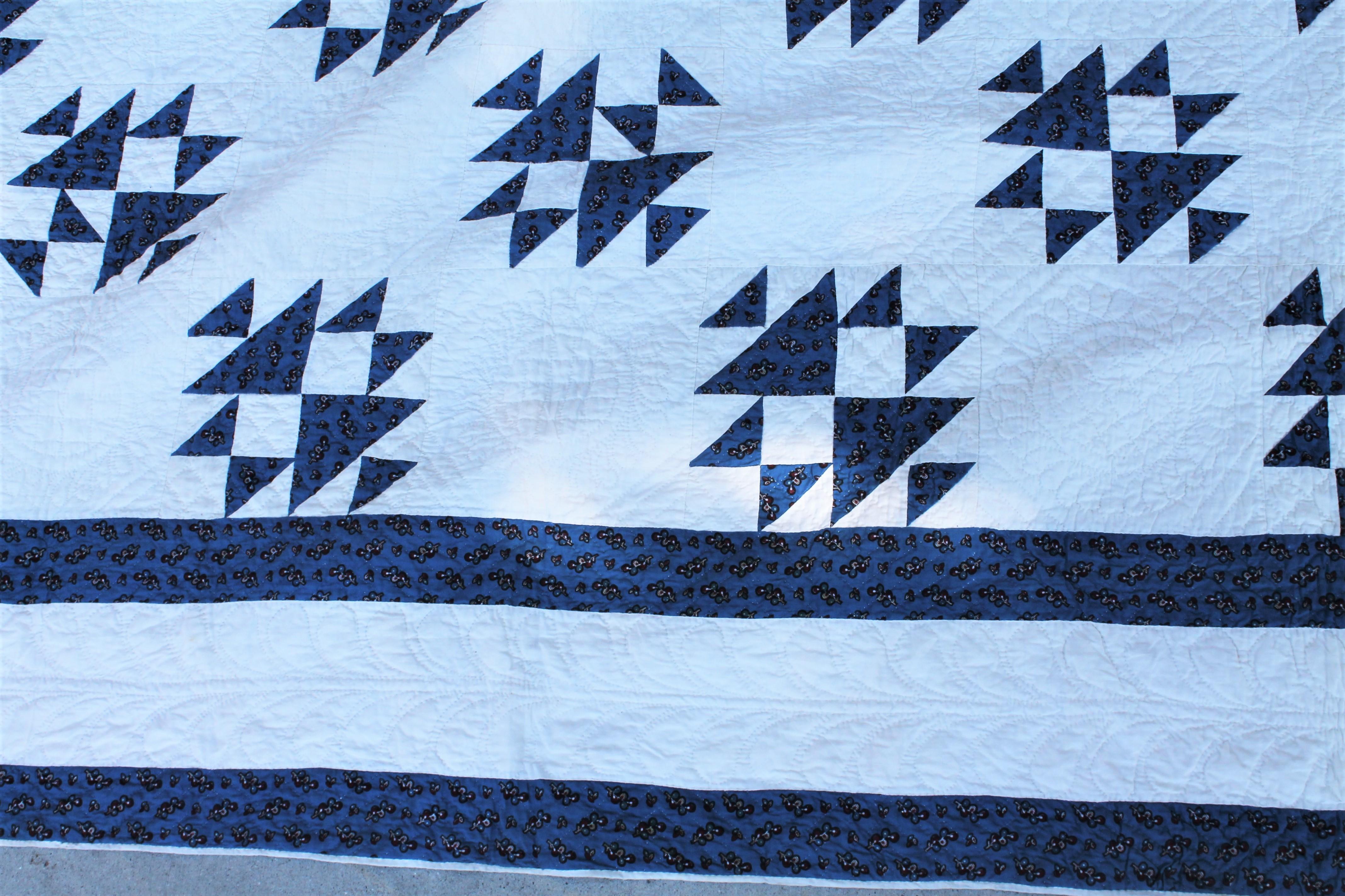 American 19Thc Teal Calico & White Shoe Fly Quilt For Sale