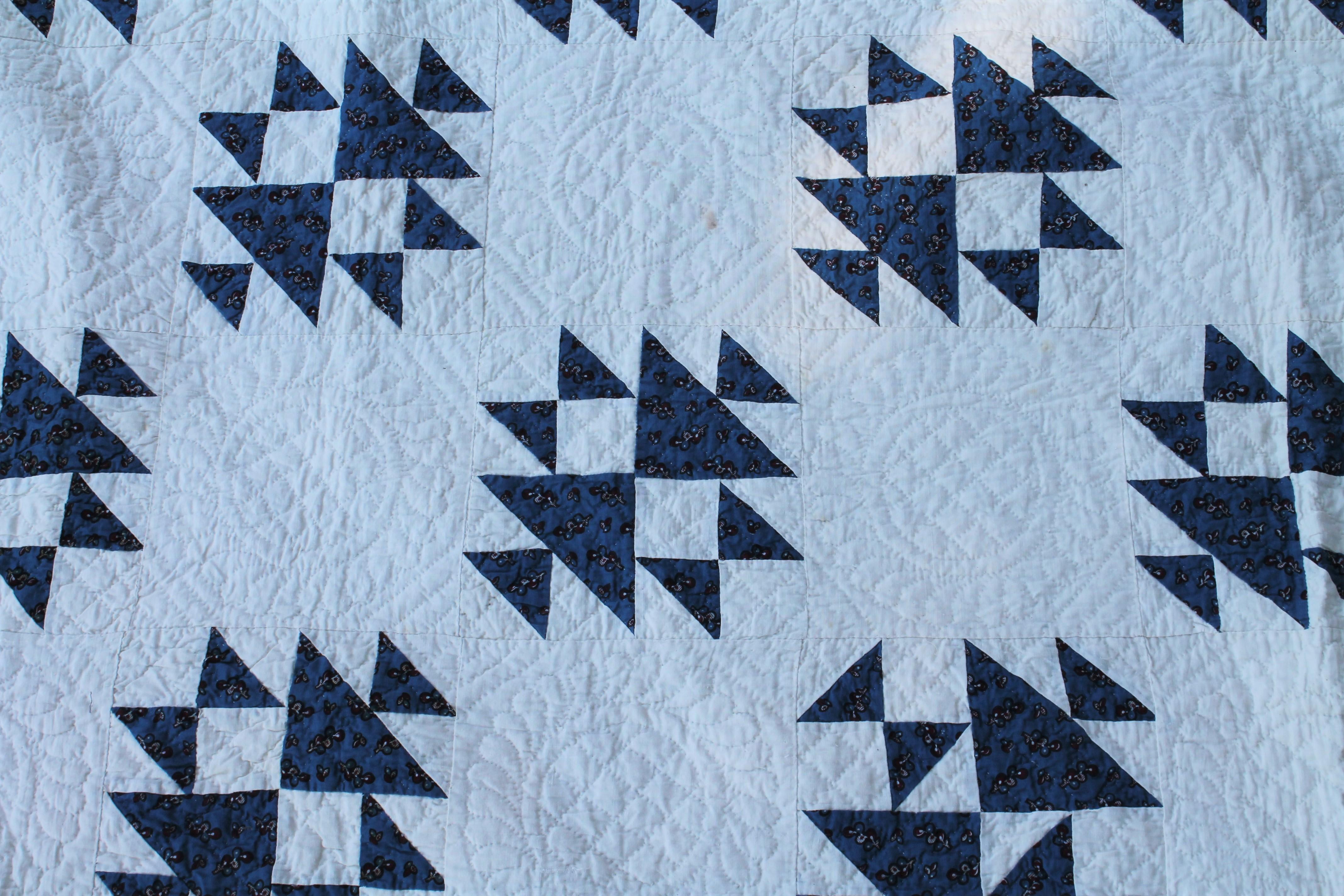 Hand-Crafted 19Thc Teal Calico & White Shoe Fly Quilt For Sale