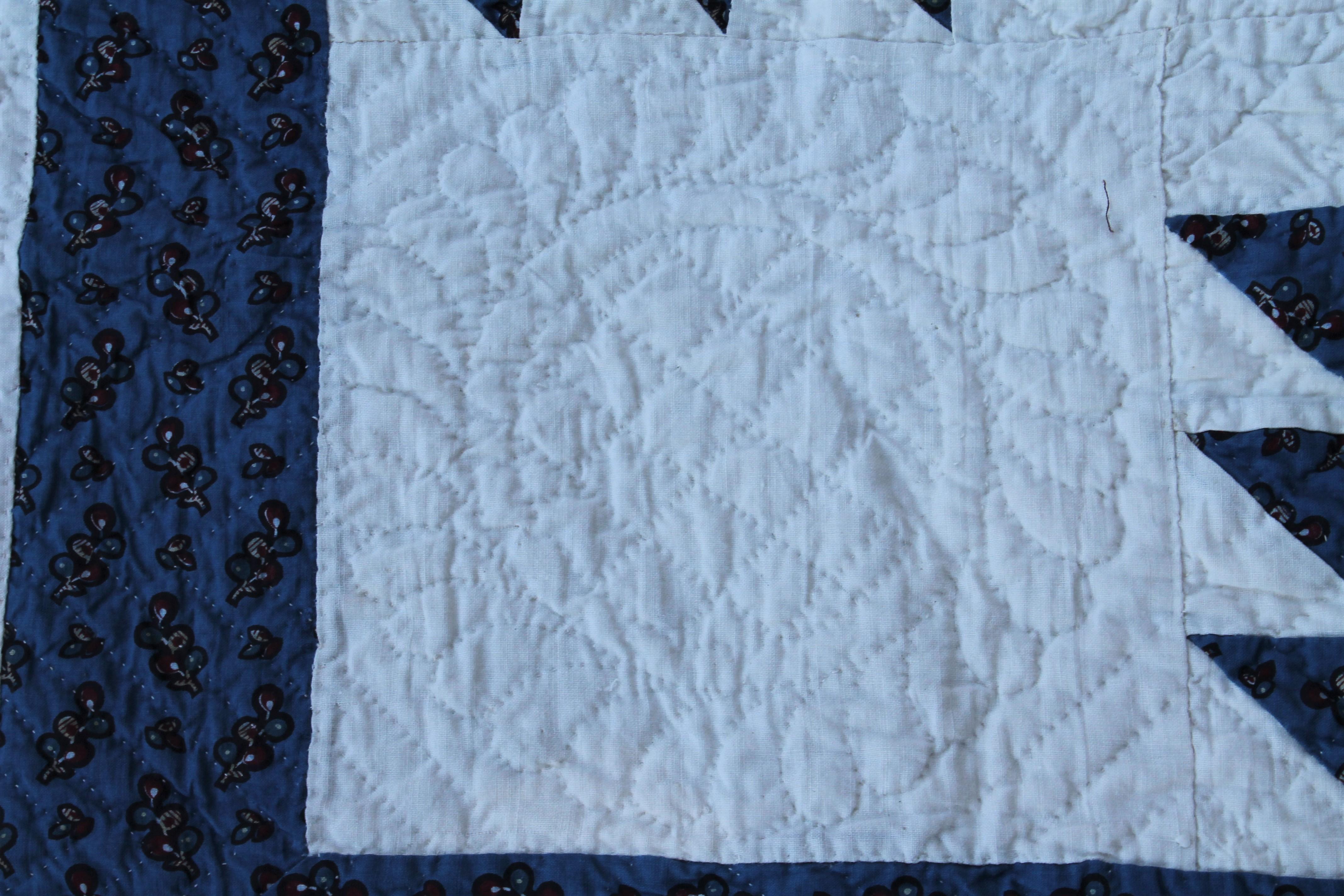 19th Century 19Thc Teal Calico & White Shoe Fly Quilt For Sale