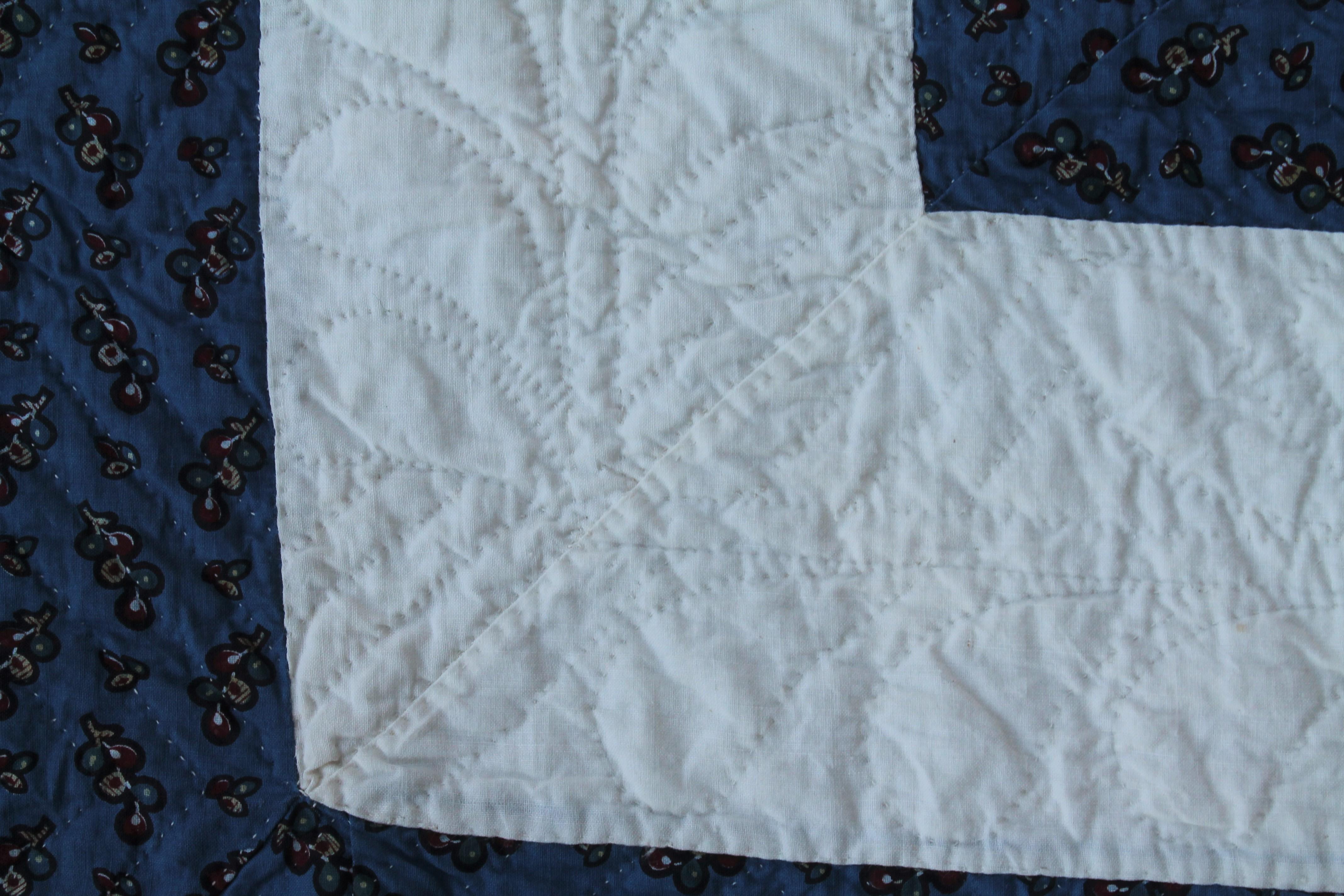 Cotton 19Thc Teal Calico & White Shoe Fly Quilt For Sale