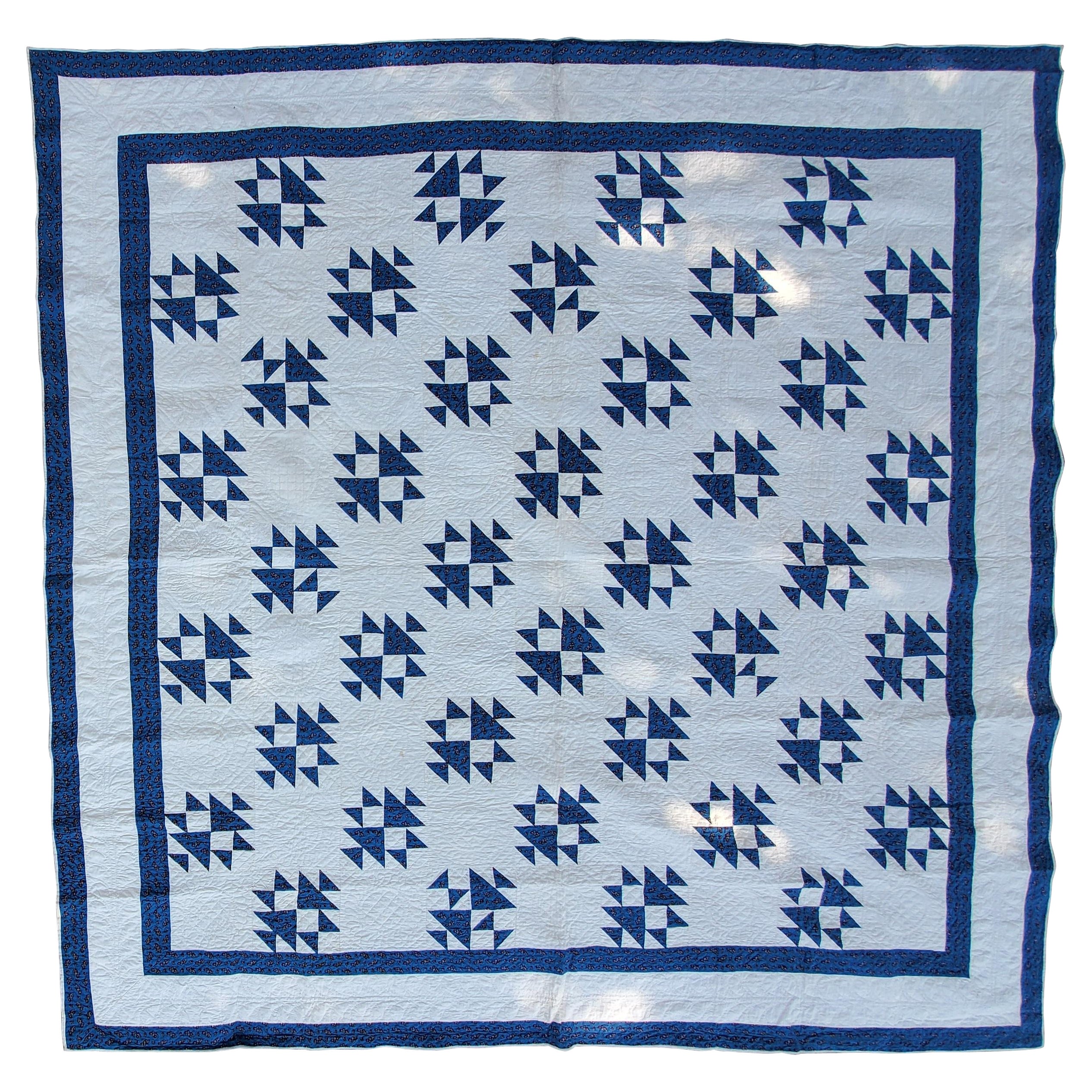 19Thc Teal Calico & White Shoe Fly Quilt