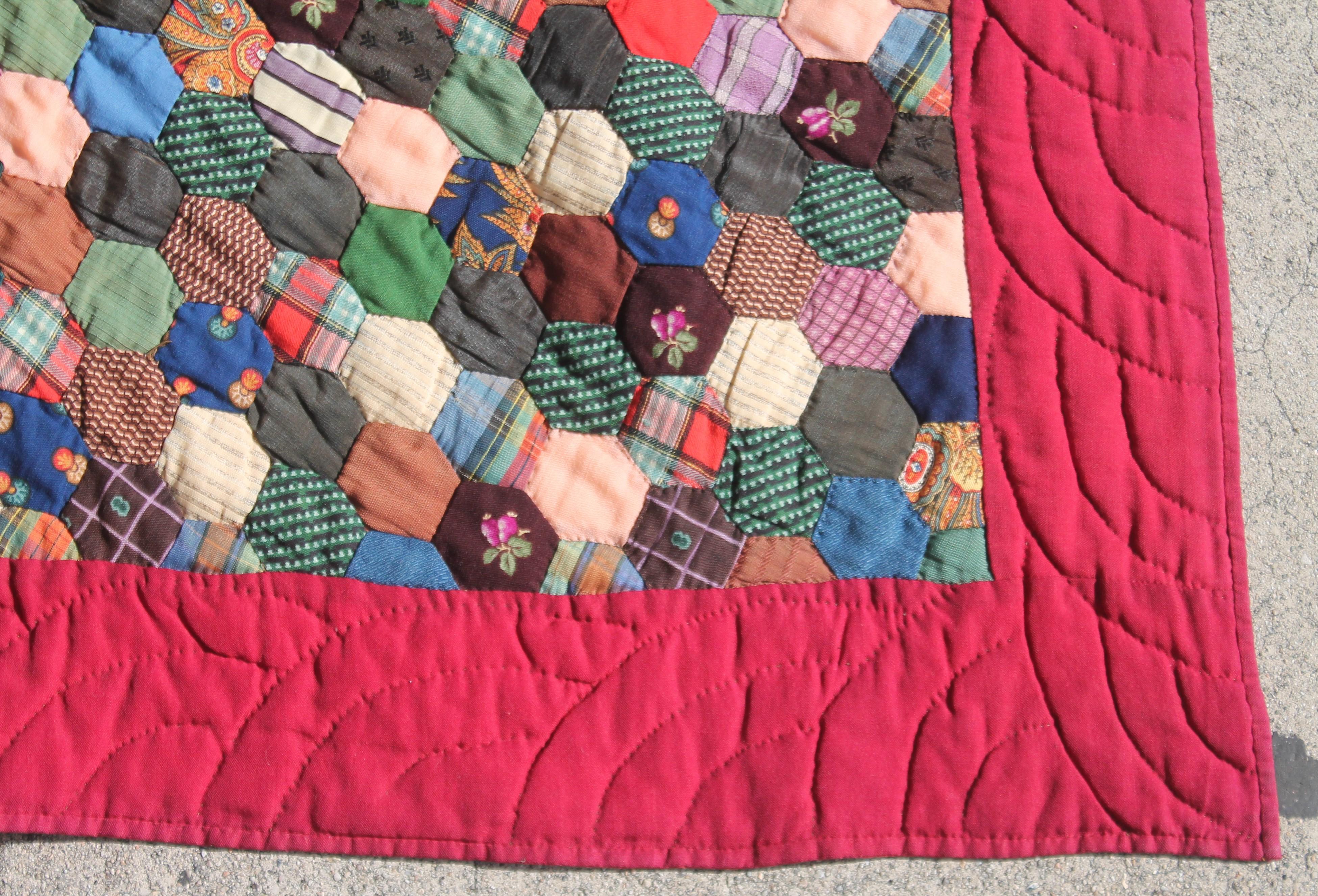 American 19Thc Tiny Pieced Wool Hexagon Quilt For Sale
