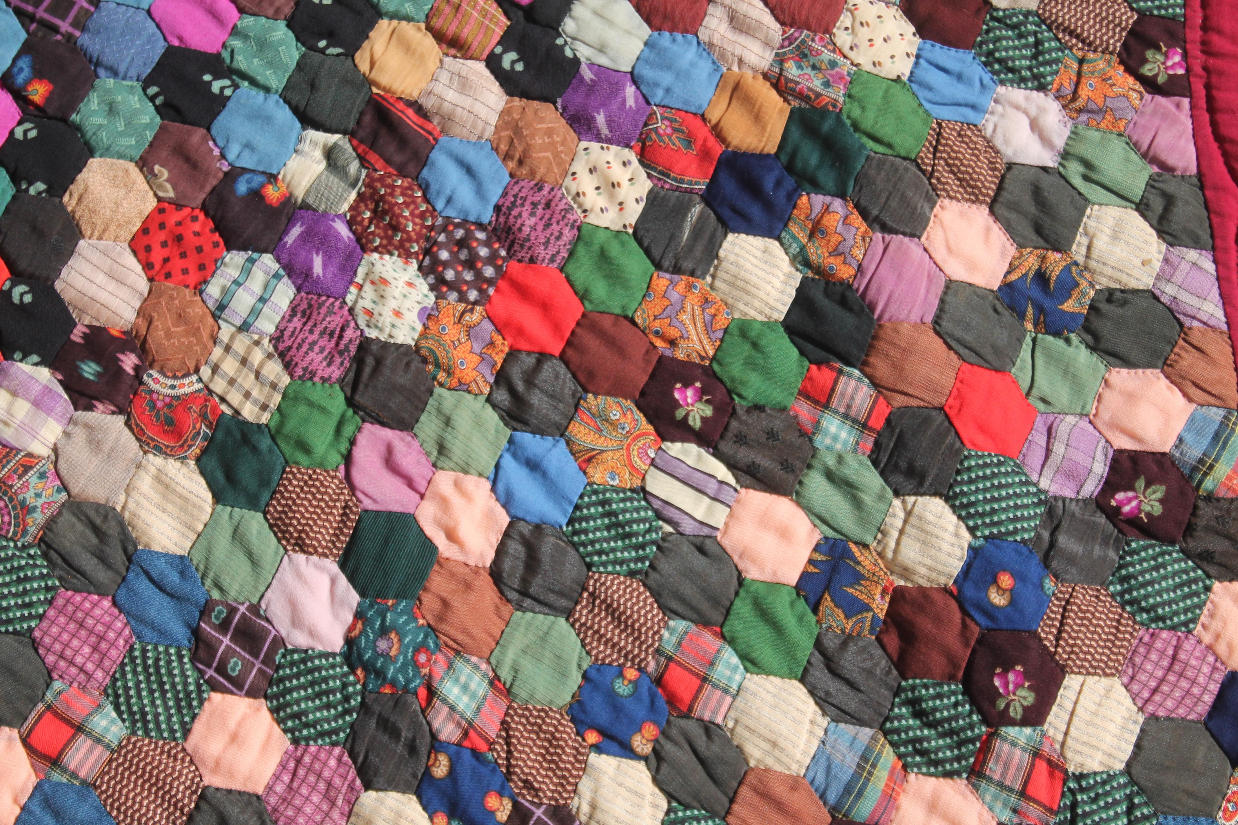 Hand-Crafted 19Thc Tiny Pieced Wool Hexagon Quilt For Sale