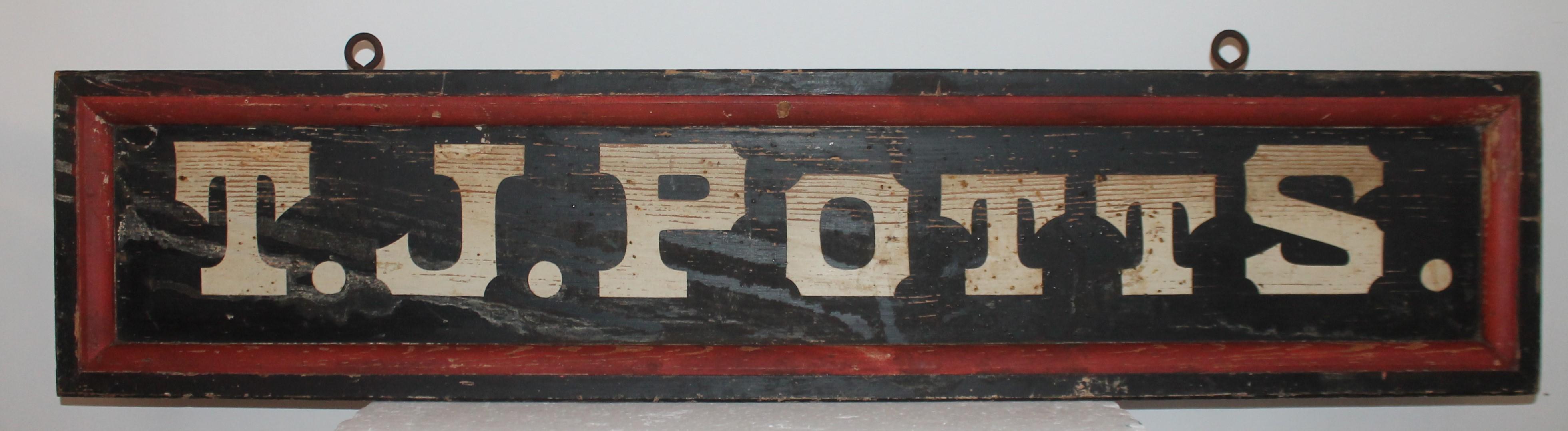 19th century original painted rare form trade sign from a Folk Art collection in fantastic condition. This is all original iron hooks and paint.
