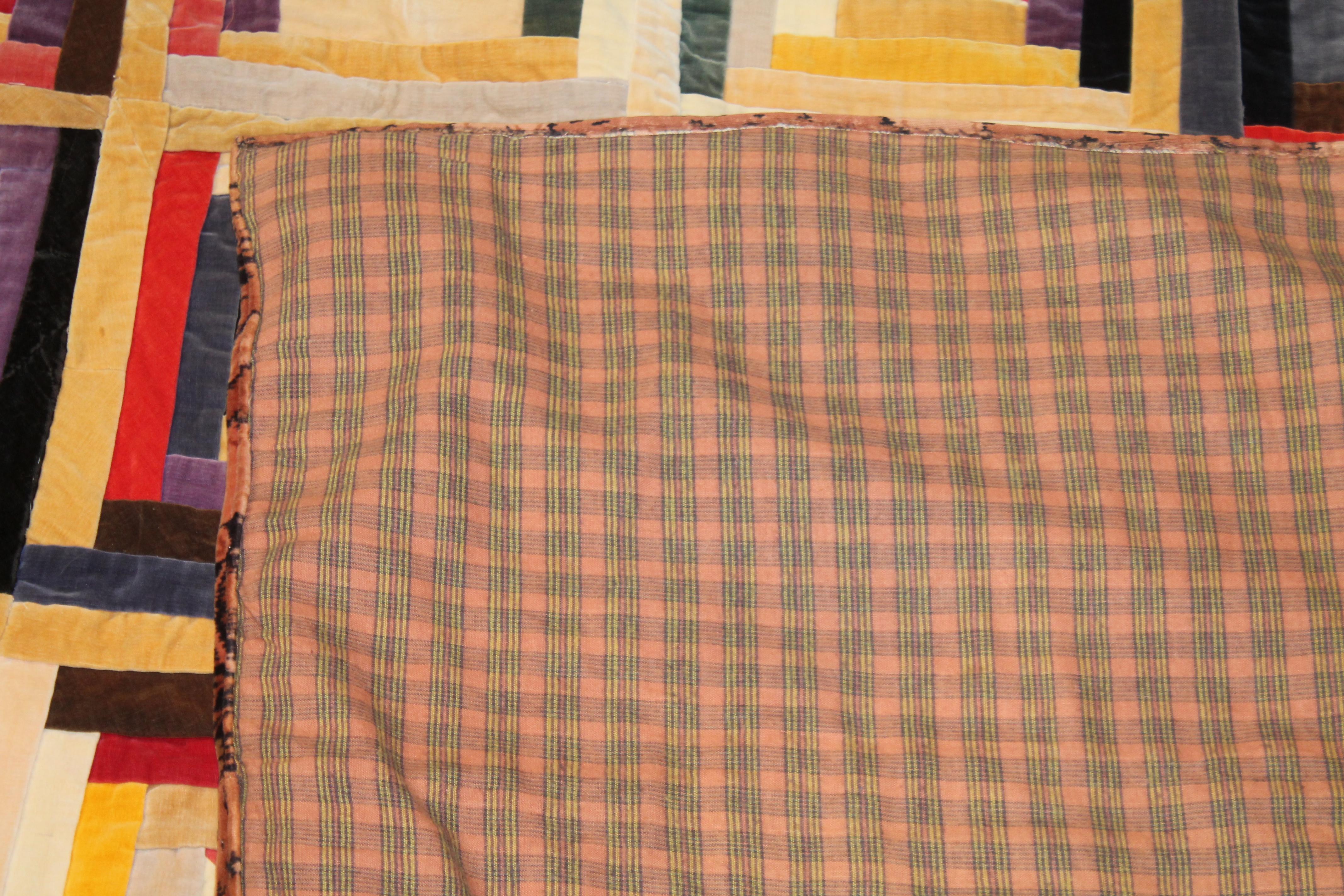 19th Century Velvet Log Cabin Quilt with Printed Velvet Border In Good Condition In Los Angeles, CA