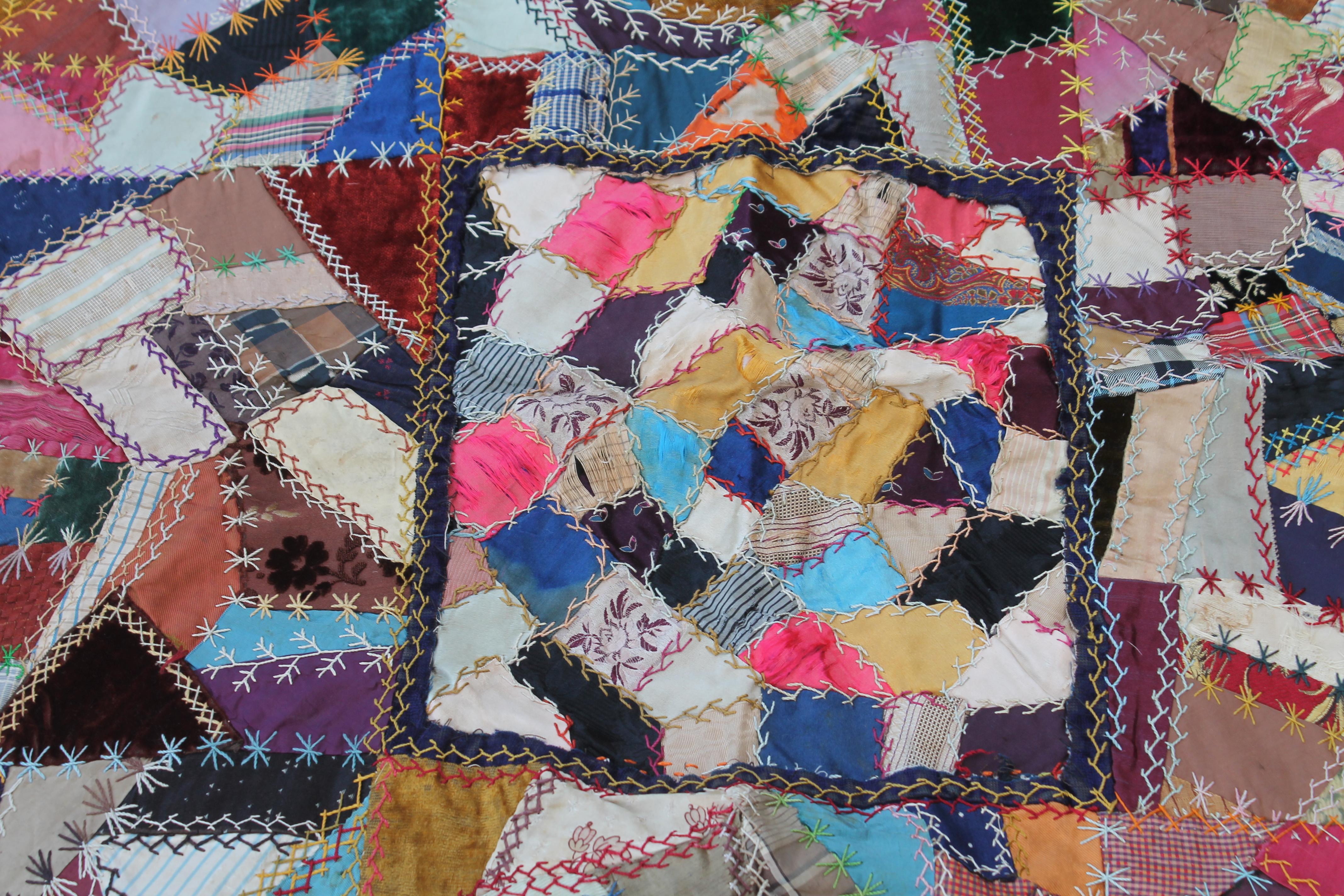 Hand-Crafted 19th Century Velvet and Silk Crazy Quilt