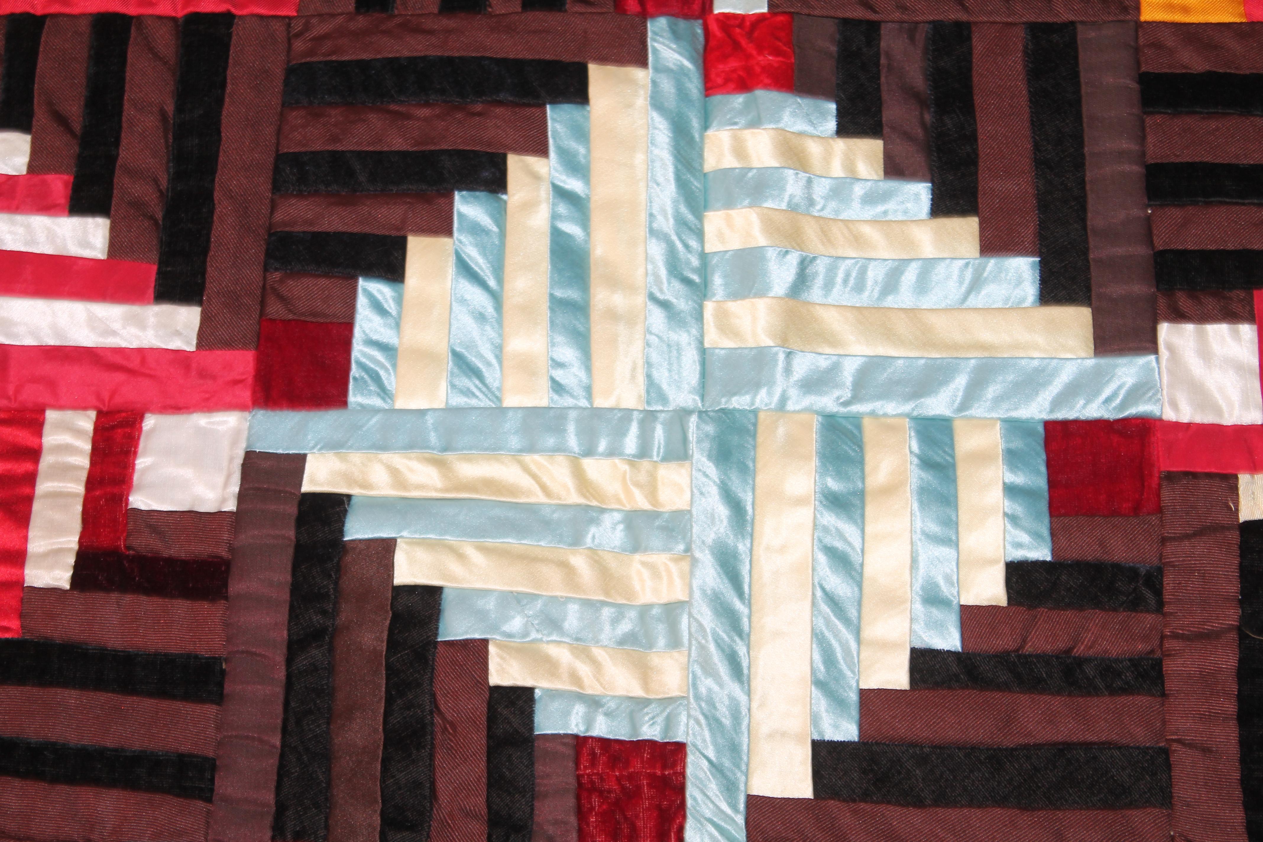 Hand-Crafted 19Thc Velvet & Silk Pristine Log Cabin Quilt