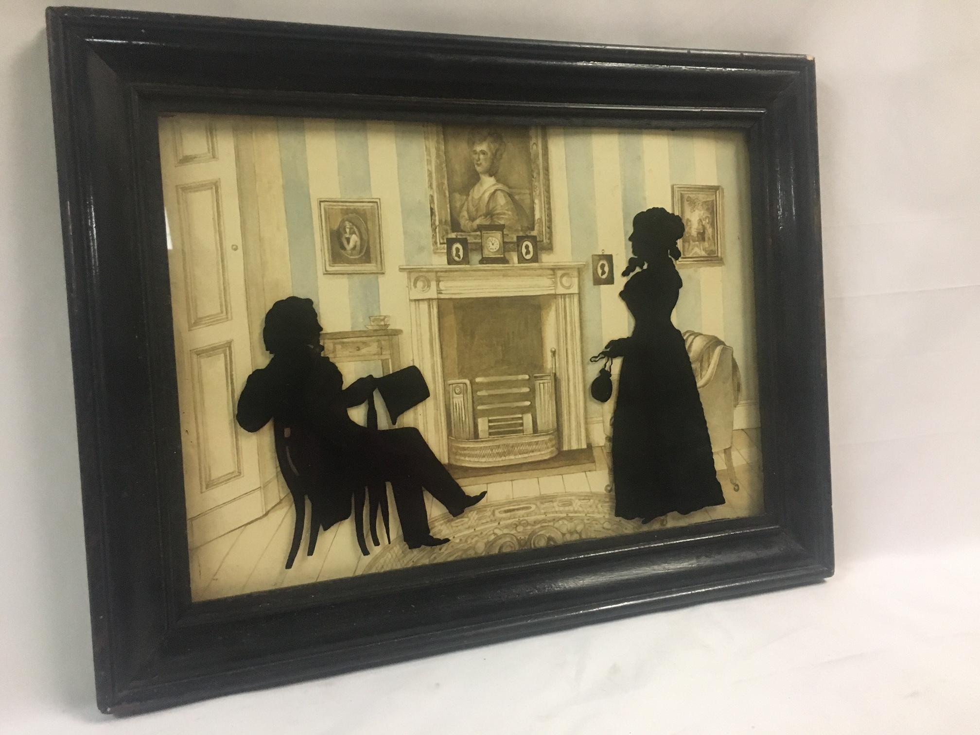19thc Verre Eglomise Large Silhouette Family Portrait w/ Detailed Background 5