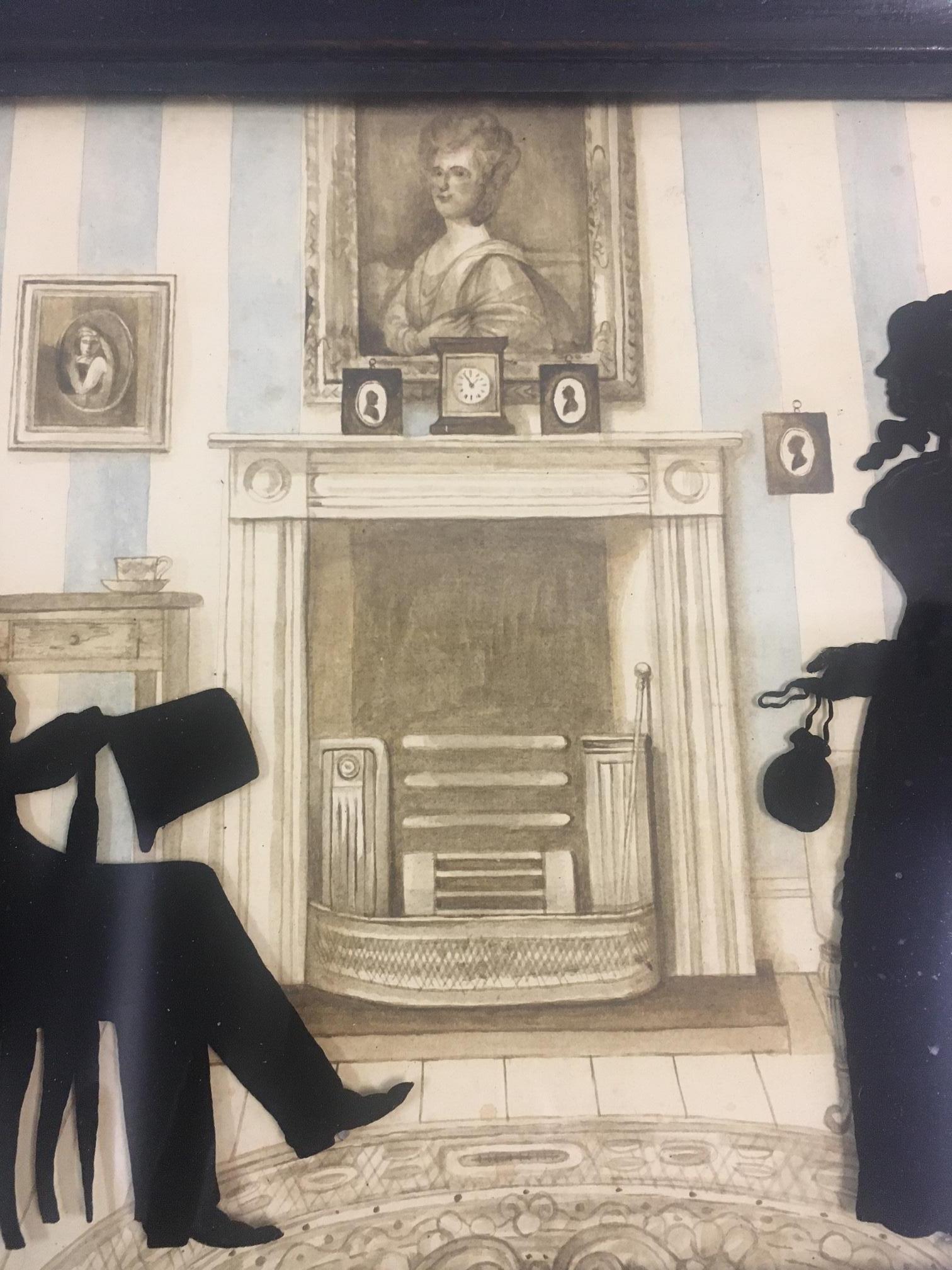 19thc Verre Eglomise Large Silhouette Family Portrait w/ Detailed Background In Good Condition In Savannah, GA