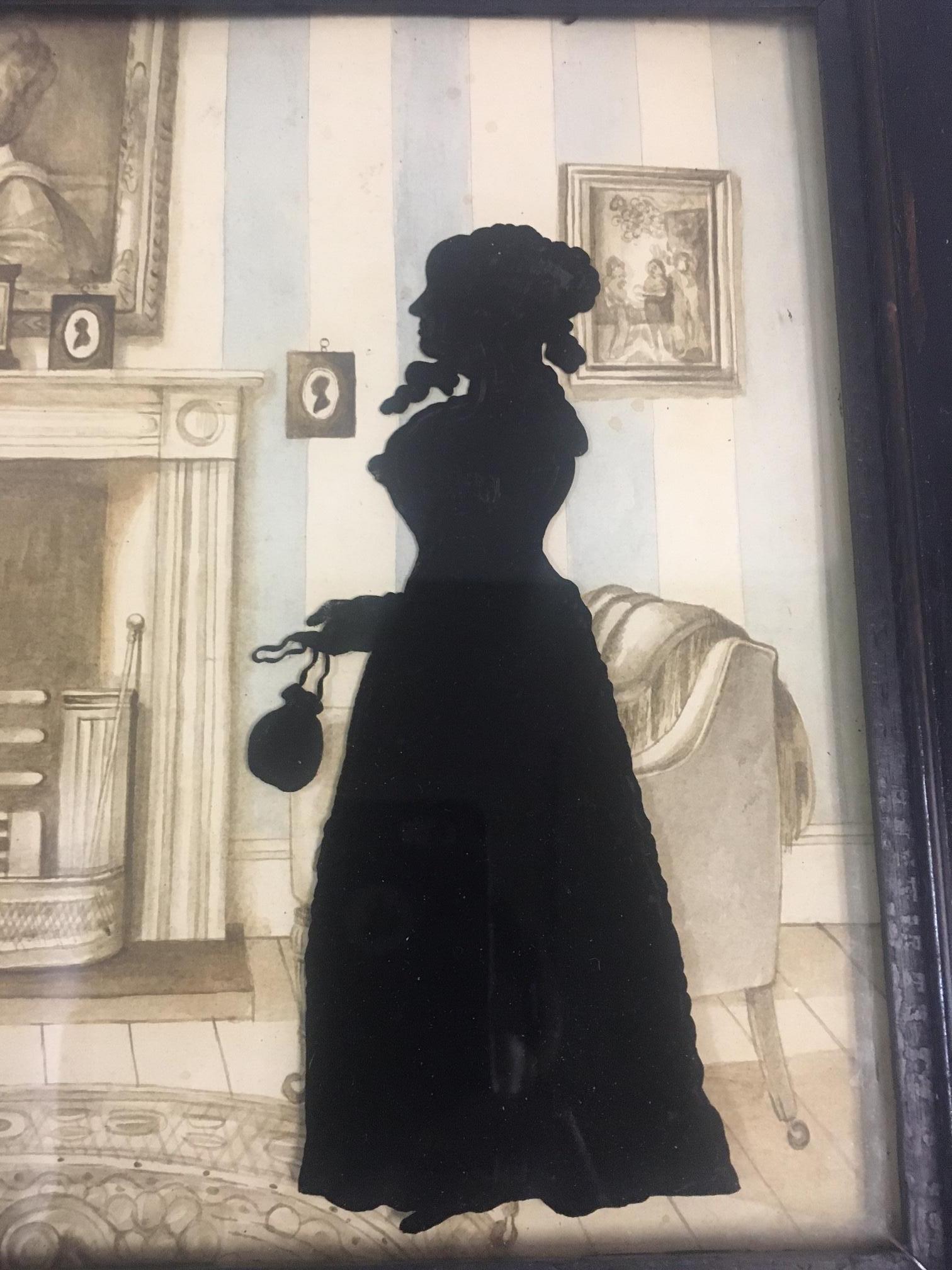 Mid-19th Century 19thc Verre Eglomise Large Silhouette Family Portrait w/ Detailed Background