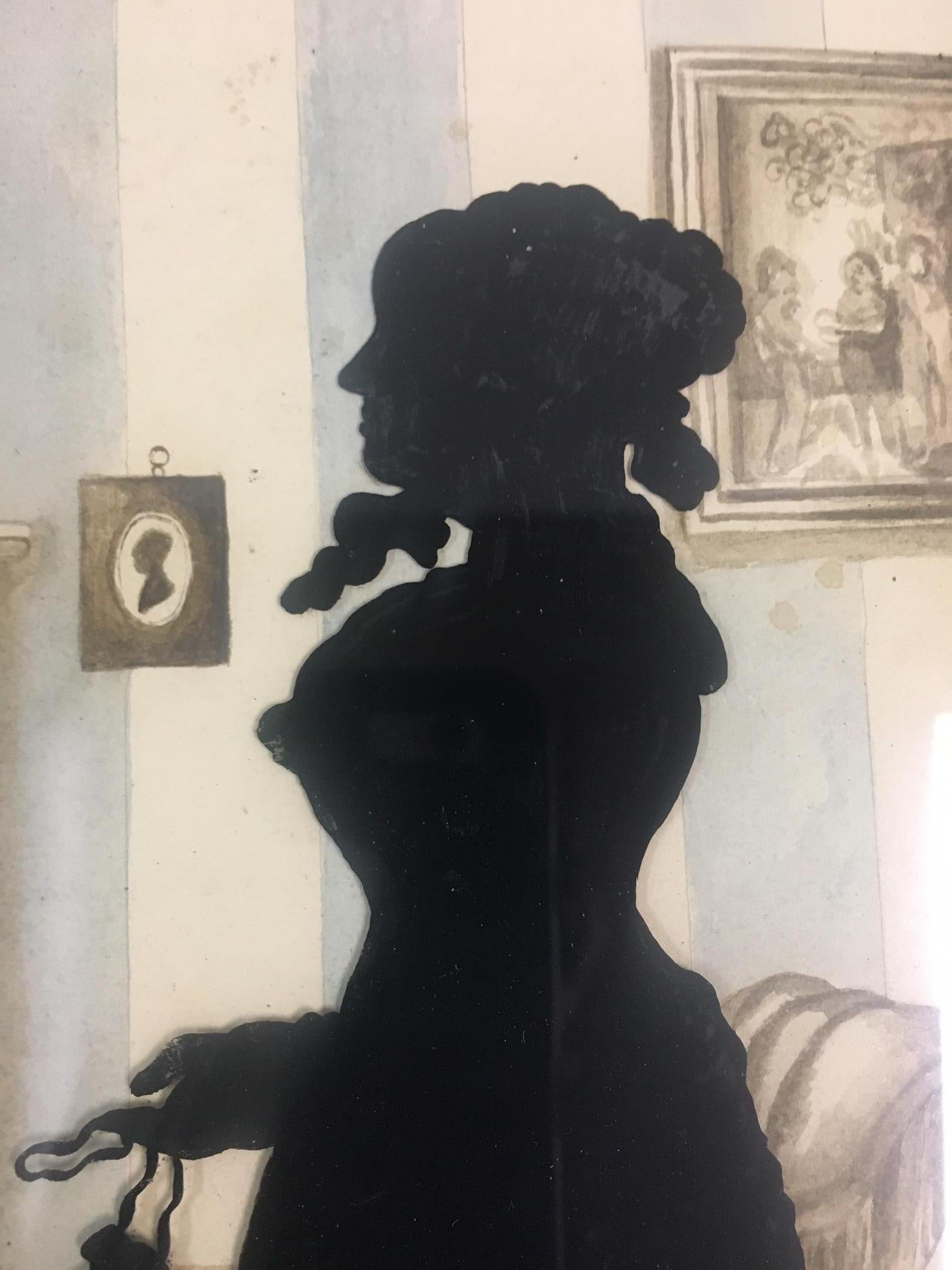 Glass 19thc Verre Eglomise Large Silhouette Family Portrait w/ Detailed Background