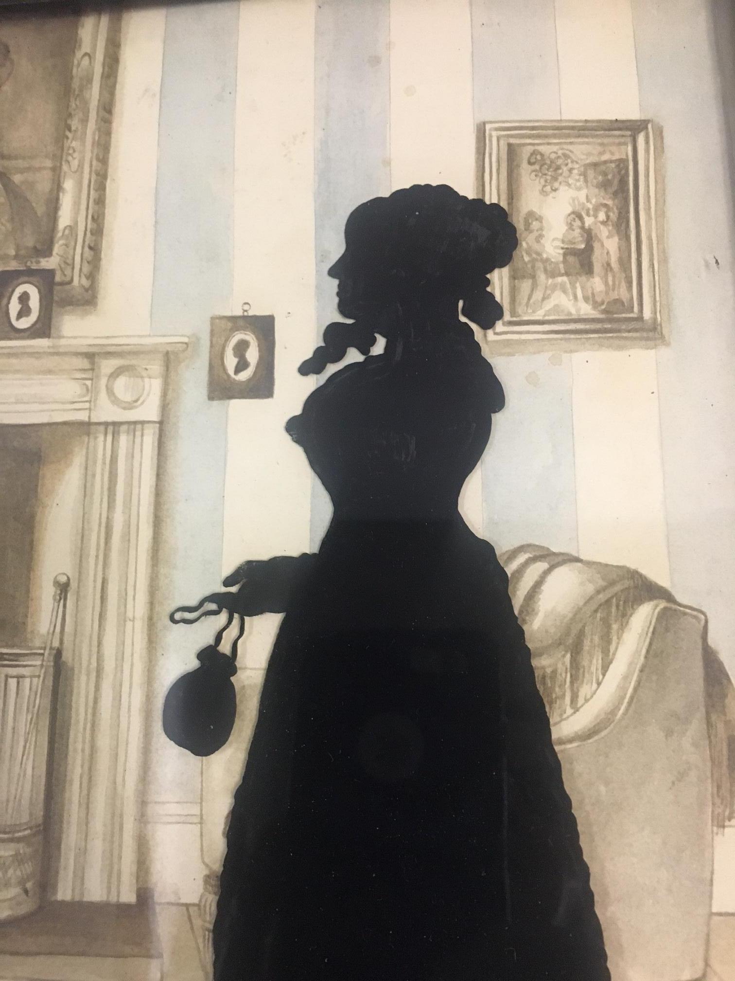 19thc Verre Eglomise Large Silhouette Family Portrait w/ Detailed Background 1