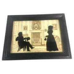Gran Silueta de Retrato de Familia en Vidrio Eglomise del S. XIX con Fondo Detallado