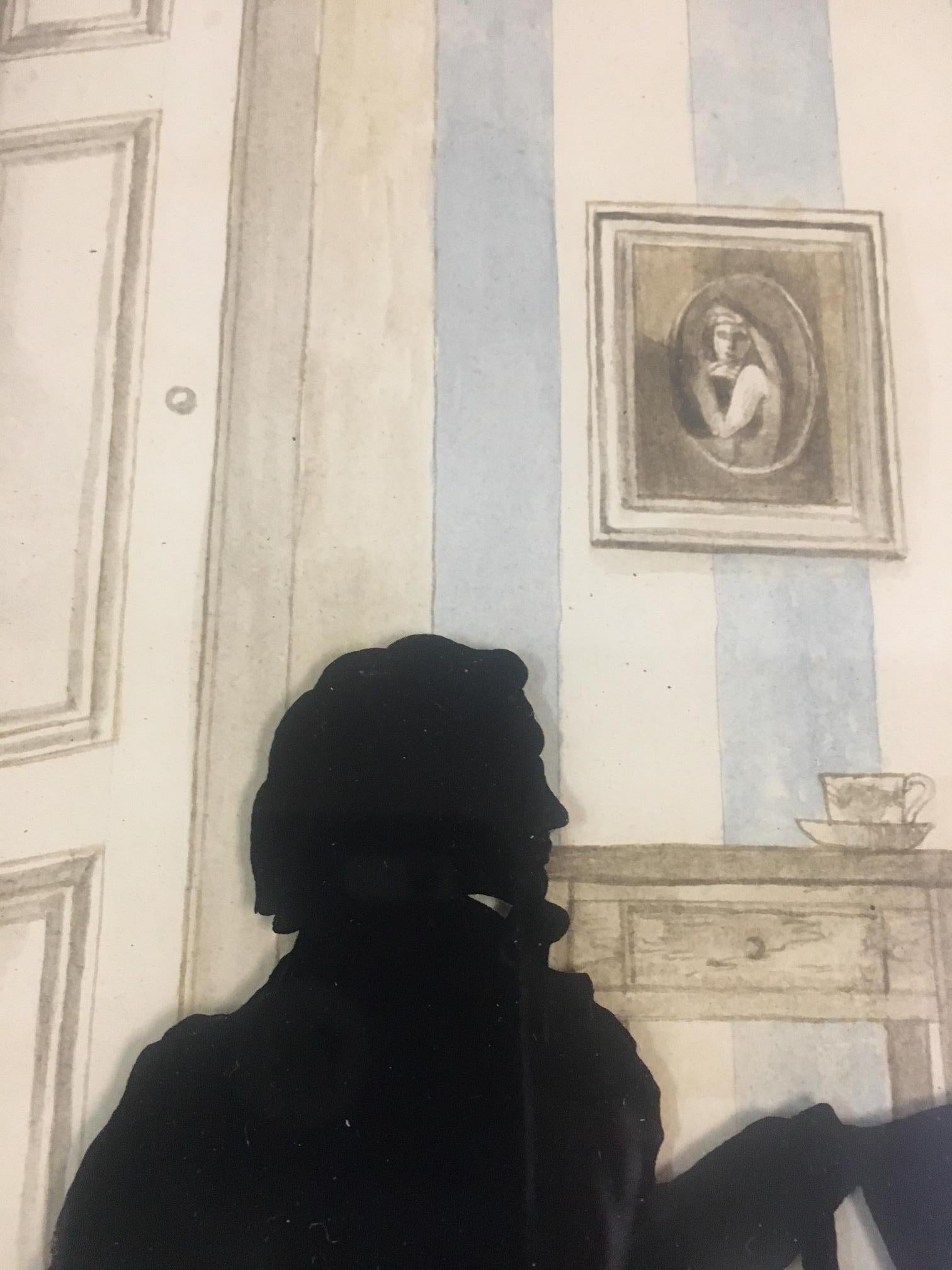 Gran Silueta de Retrato de Familia en Vidrio Eglomise del S. XIX con Fondo Detallado en venta 4