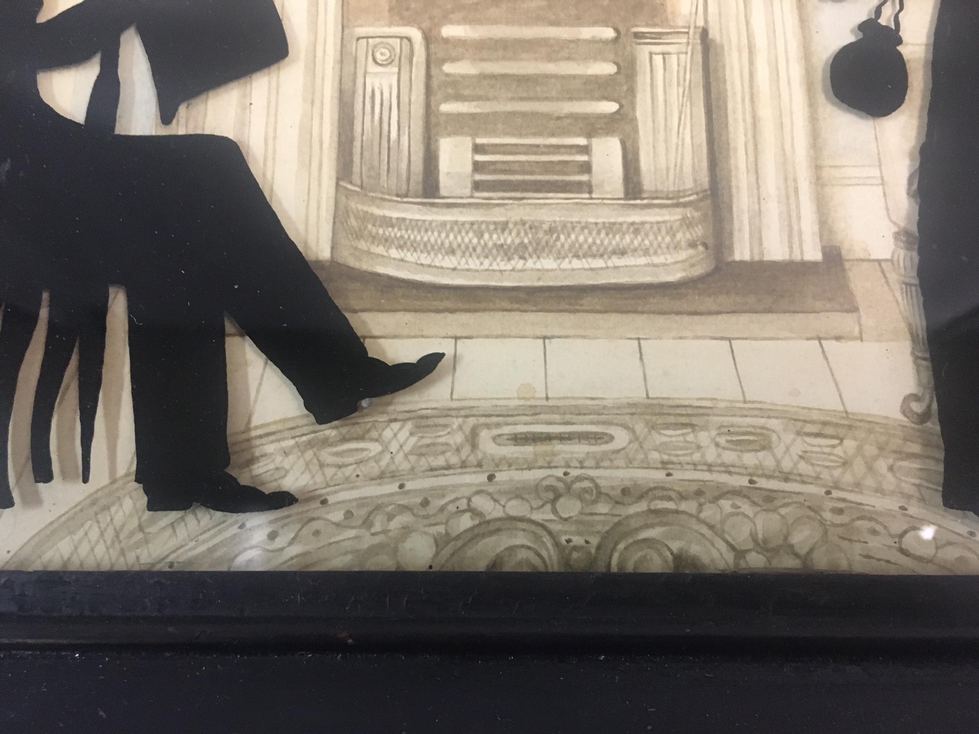 Gran Silueta de Retrato de Familia en Vidrio Eglomise del S. XIX con Fondo Detallado en venta 6