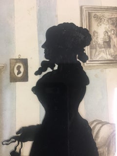 19. Jahrhundert Verre Eglomise Große Silhouette Familienporträt w / detaillierte Hintergrund