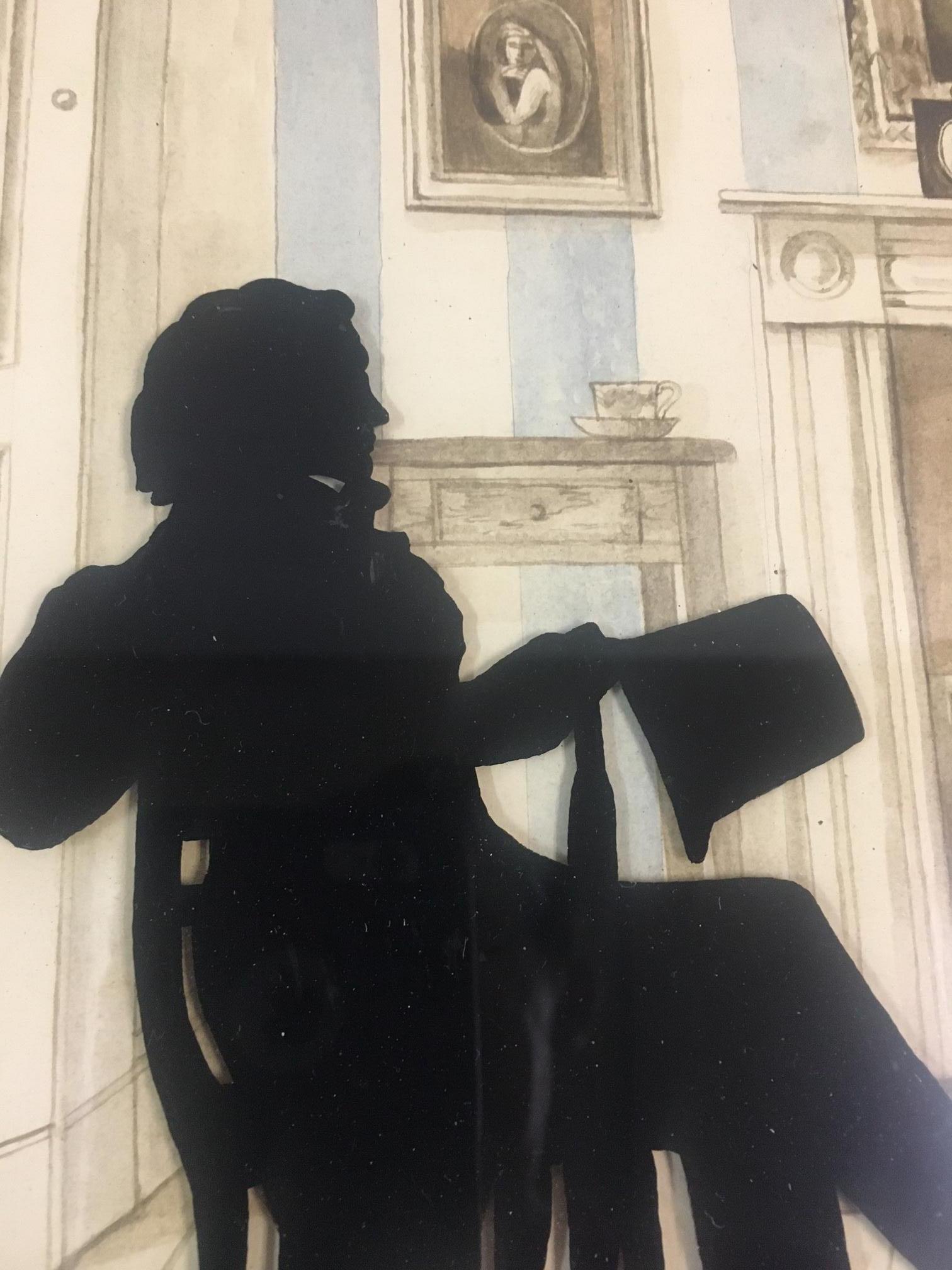 Gran Silueta de Retrato de Familia en Vidrio Eglomise del S. XIX con Fondo Detallado en venta 2