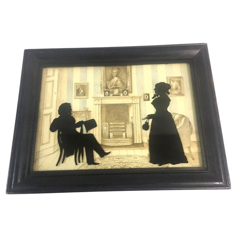 19thc Verre Eglomise Large Silhouette Family Portrait w/ Detailed Background