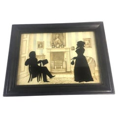 19thc Verre Eglomise Large Silhouette Family Portrait w/ Detailed Background