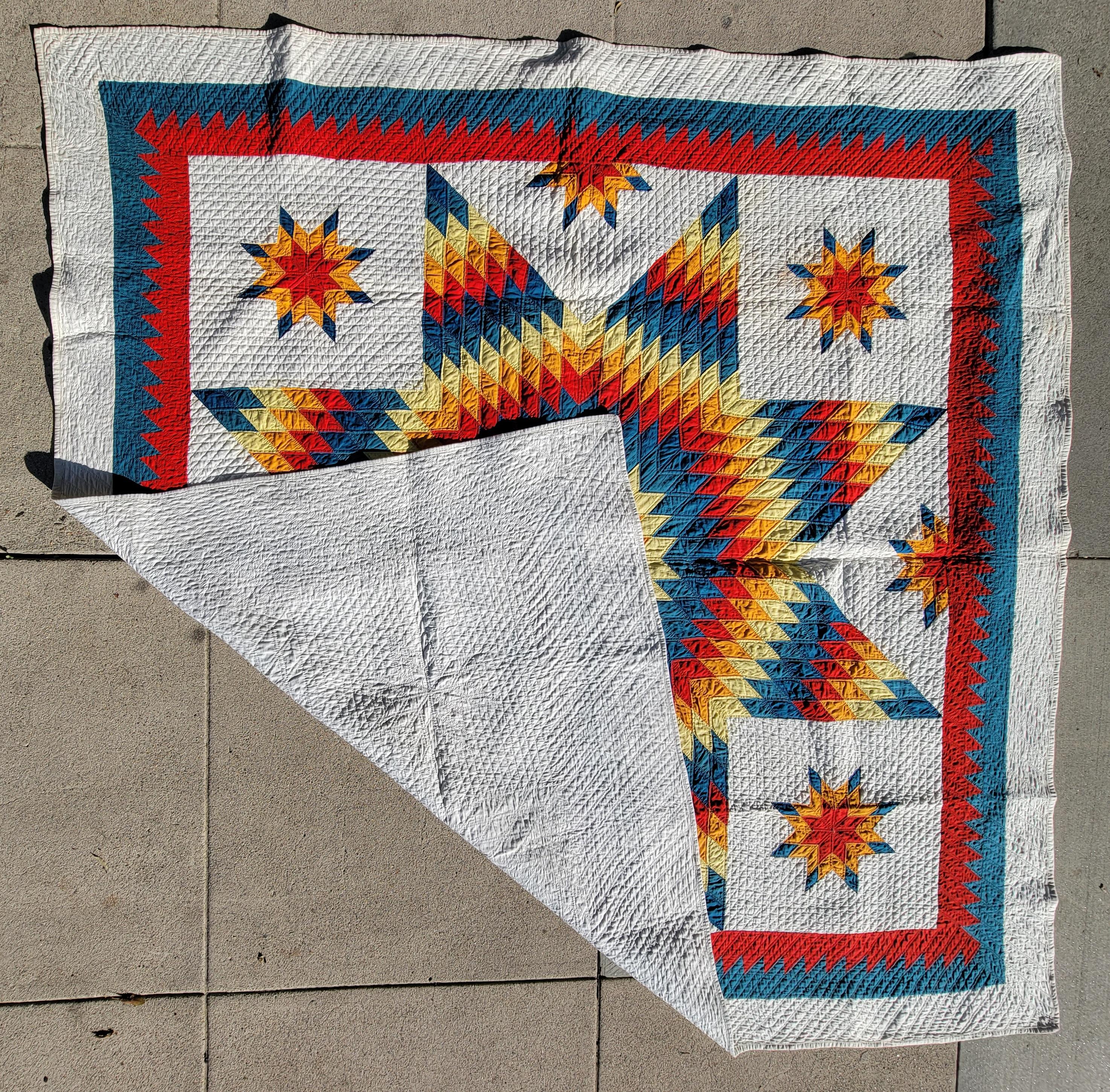 This amazing 19th c eight point star quilt is from Berks County, Pennsylvania and is in pristine condition. These Dutchy colors are quite vivid and bright given the how early the quilt is. The unusual inner saw tooth border is quite rare as well.