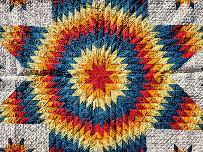 Folk Art 19th C Vibrant Early Eight Point Star Quilt For Sale