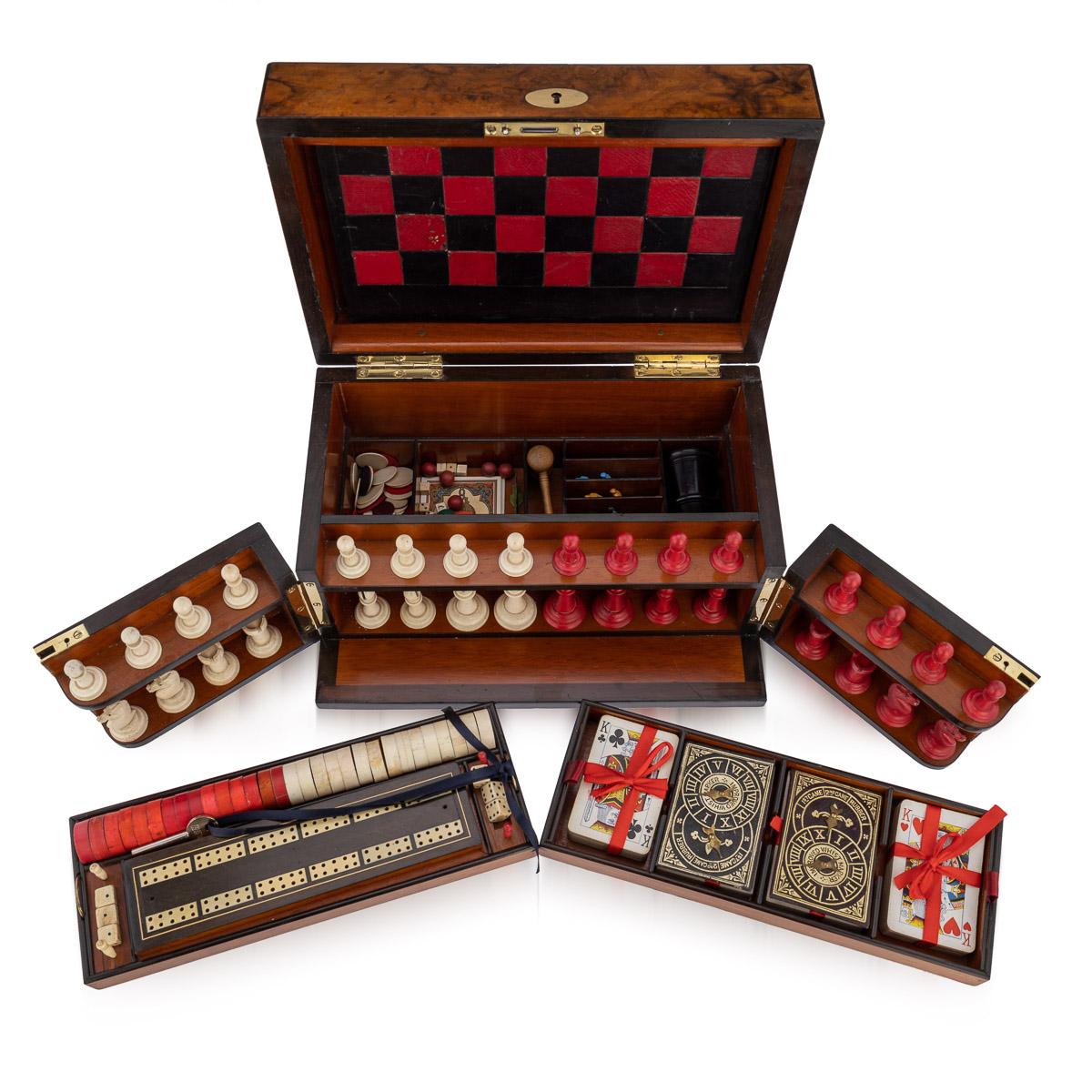 English 19thC Victorian Burr Walnut Games Compendium, Cards & Board Games, c.1890 For Sale